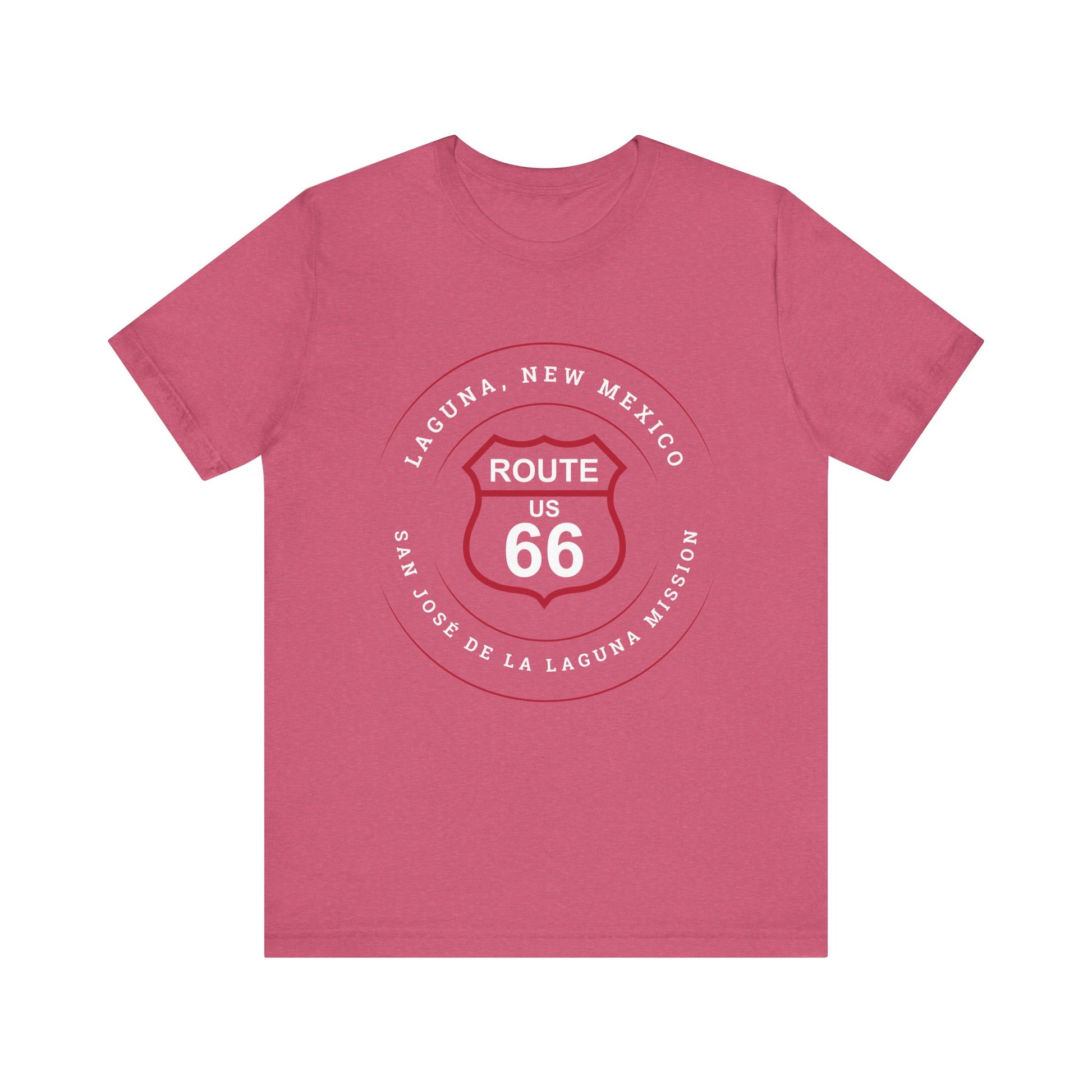 Heather raspberry retro Route 66 unisex jersey tee with Laguna, NM: "San José de la Laguna Mission" design