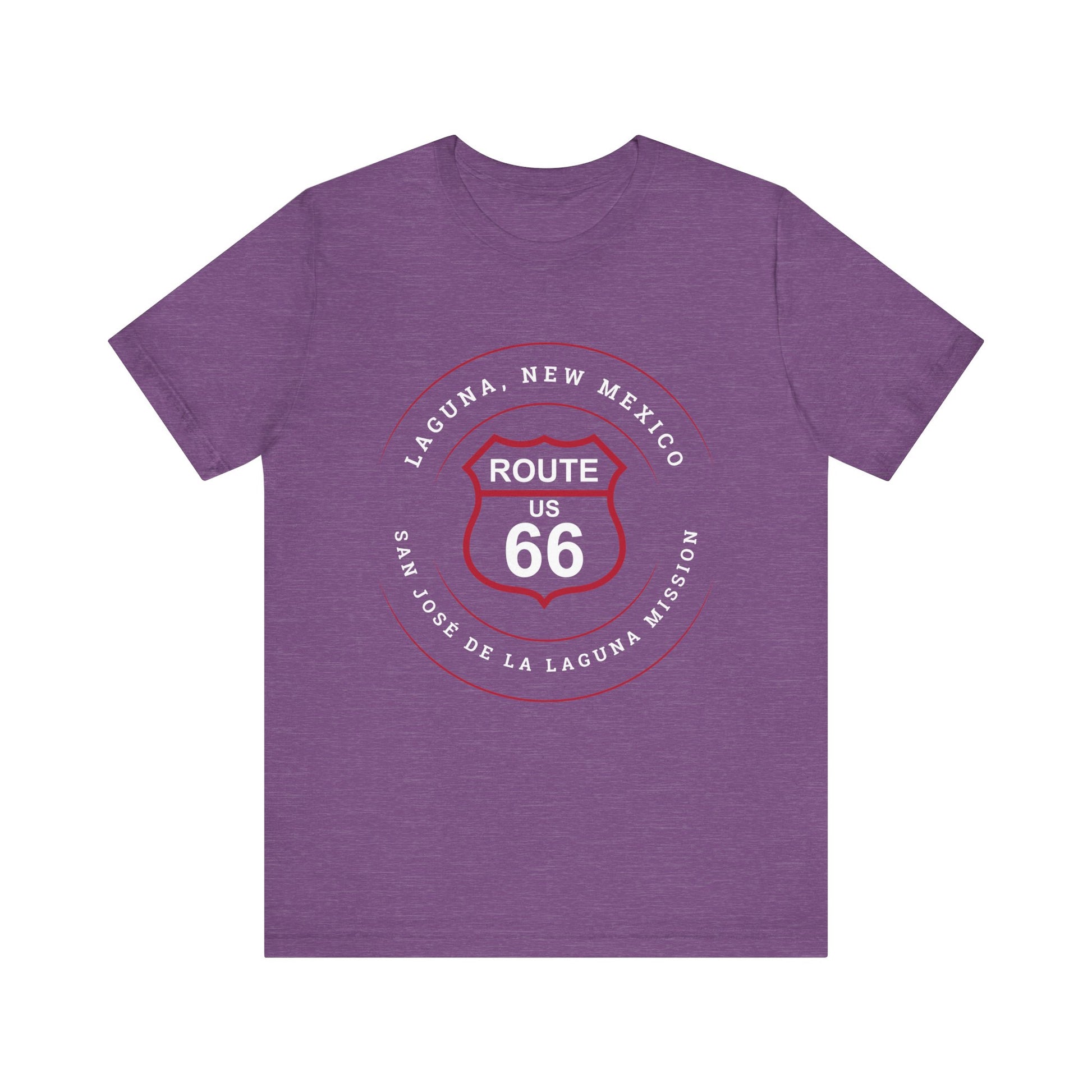 Heather team purple retro Route 66 unisex jersey tee with Laguna, NM: "San José de la Laguna Mission" design