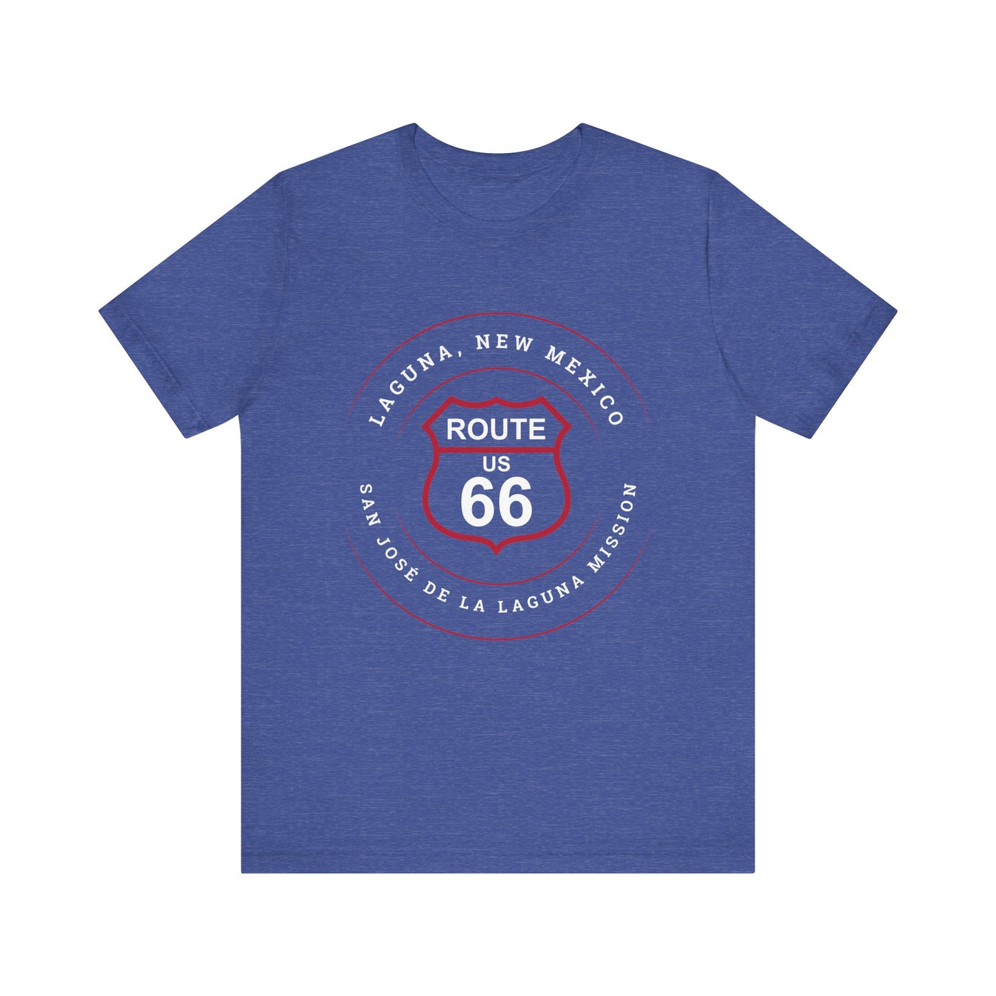Heather true royal retro Route 66 unisex jersey tee with Laguna, NM: "San José de la Laguna Mission" design