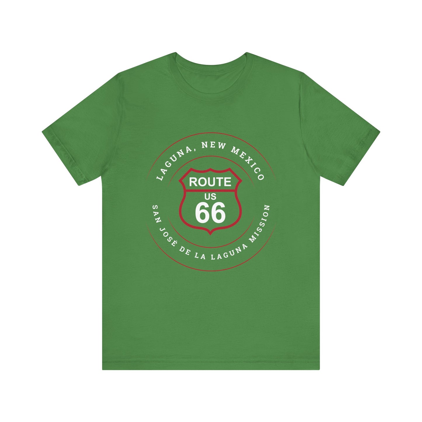 Leaf retro Route 66 unisex jersey tee with Laguna, NM: "San José de la Laguna Mission" design