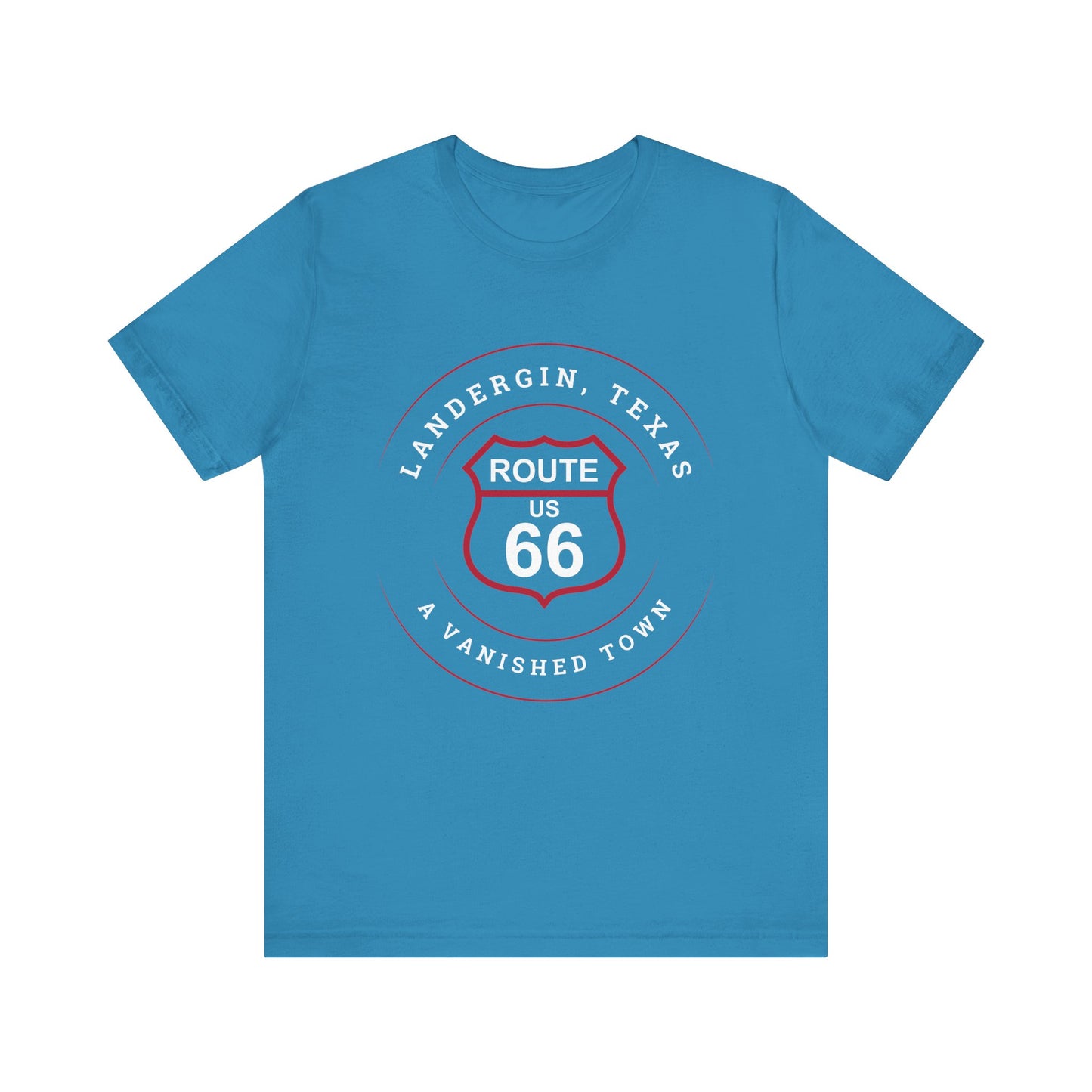 Aqua retro Route 66 unisex jersey tee with Landergin, TX: A Vanished Town of Route 66 graphic