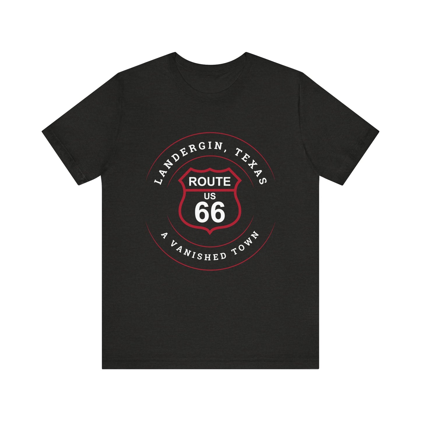 Black heather retro Route 66 unisex jersey tee with Landergin, TX: A Vanished Town of Route 66 graphic