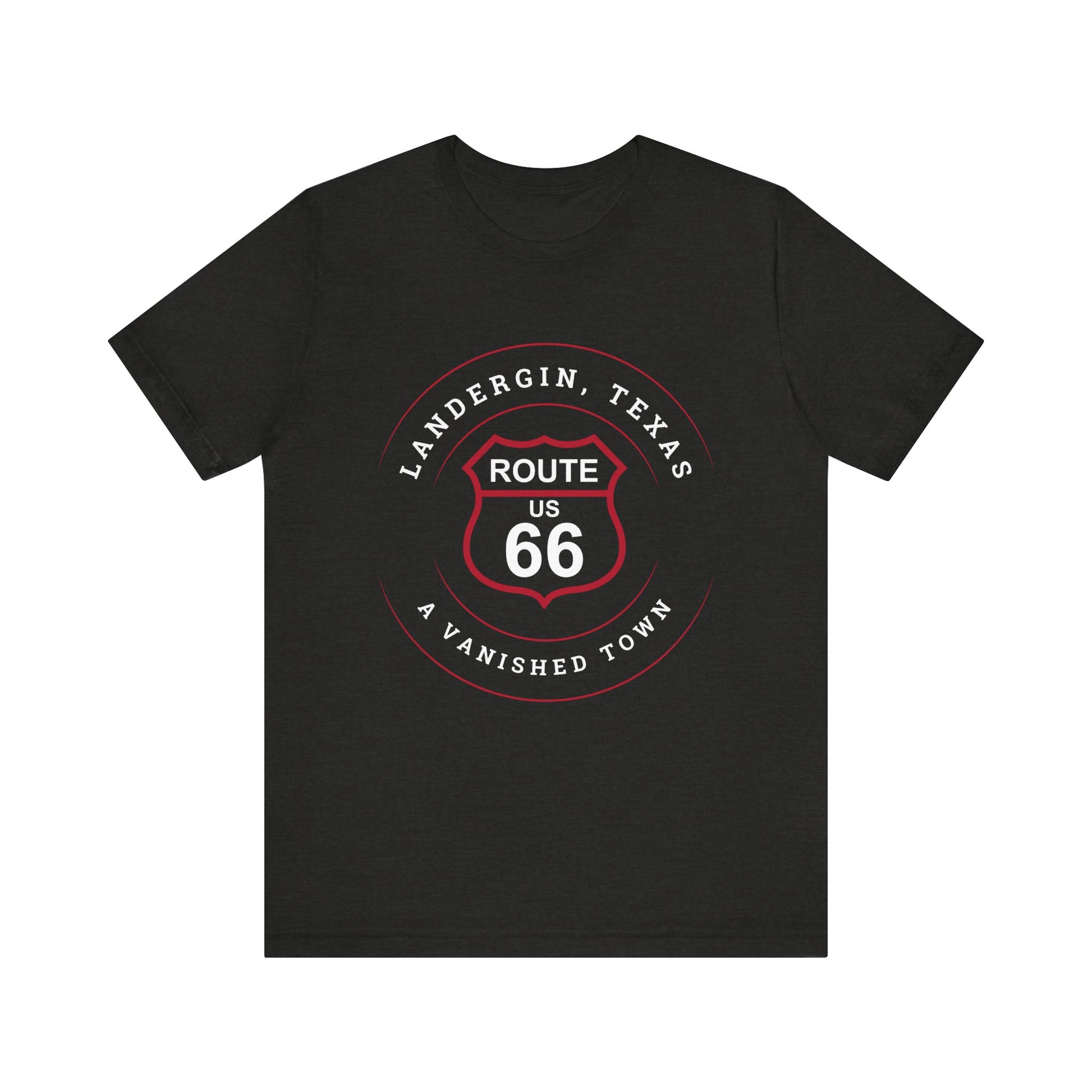 Black heather retro Route 66 unisex jersey tee with Landergin, TX: A Vanished Town of Route 66 graphic
