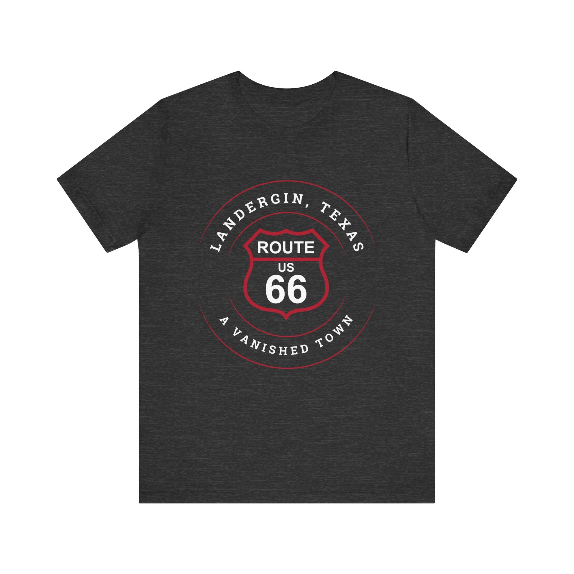Dark grey heather retro Route 66 unisex jersey tee with Landergin, TX: A Vanished Town of Route 66 graphic