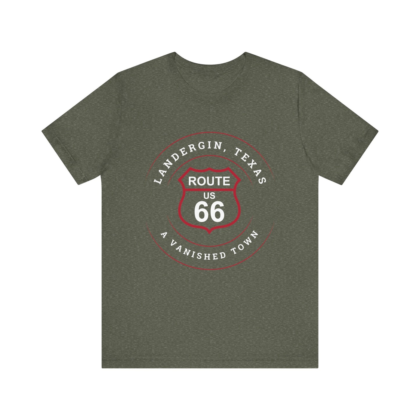 Heather military green retro Route 66 unisex jersey tee with Landergin, TX: A Vanished Town of Route 66 graphic