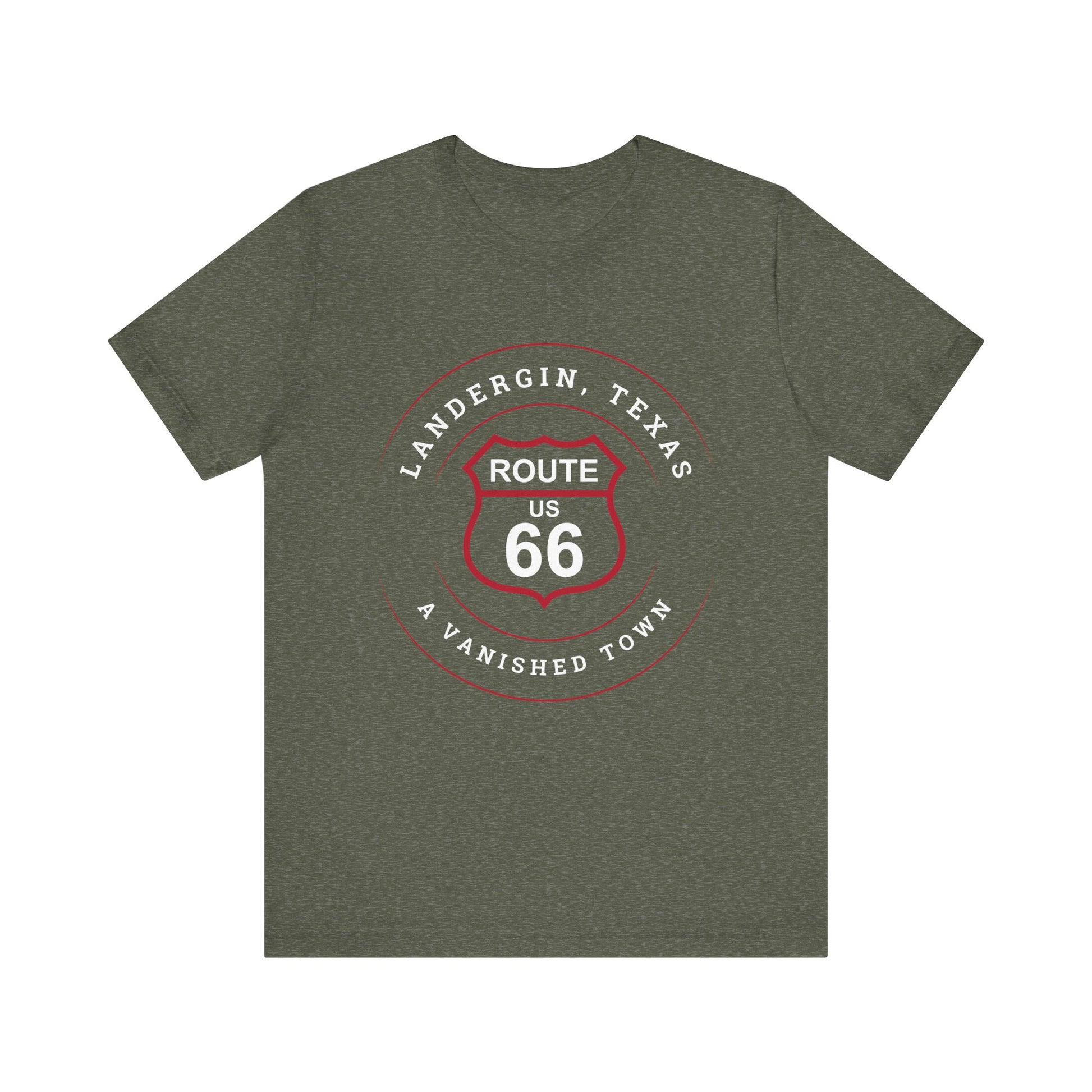 Heather military green retro Route 66 unisex jersey tee with Landergin, TX: A Vanished Town of Route 66 graphic