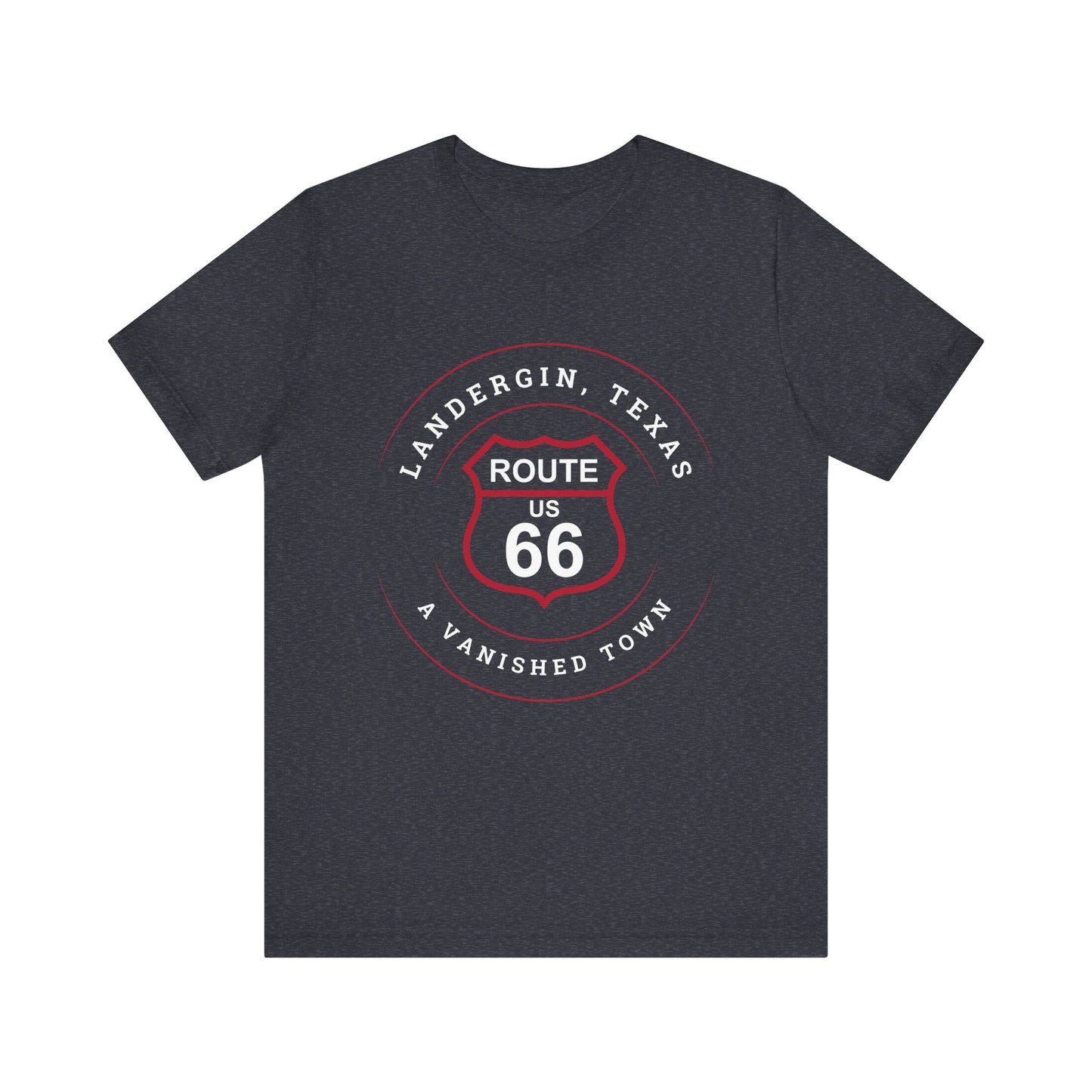 Heather navy retro Route 66 unisex jersey tee with Landergin, TX: A Vanished Town of Route 66 graphic