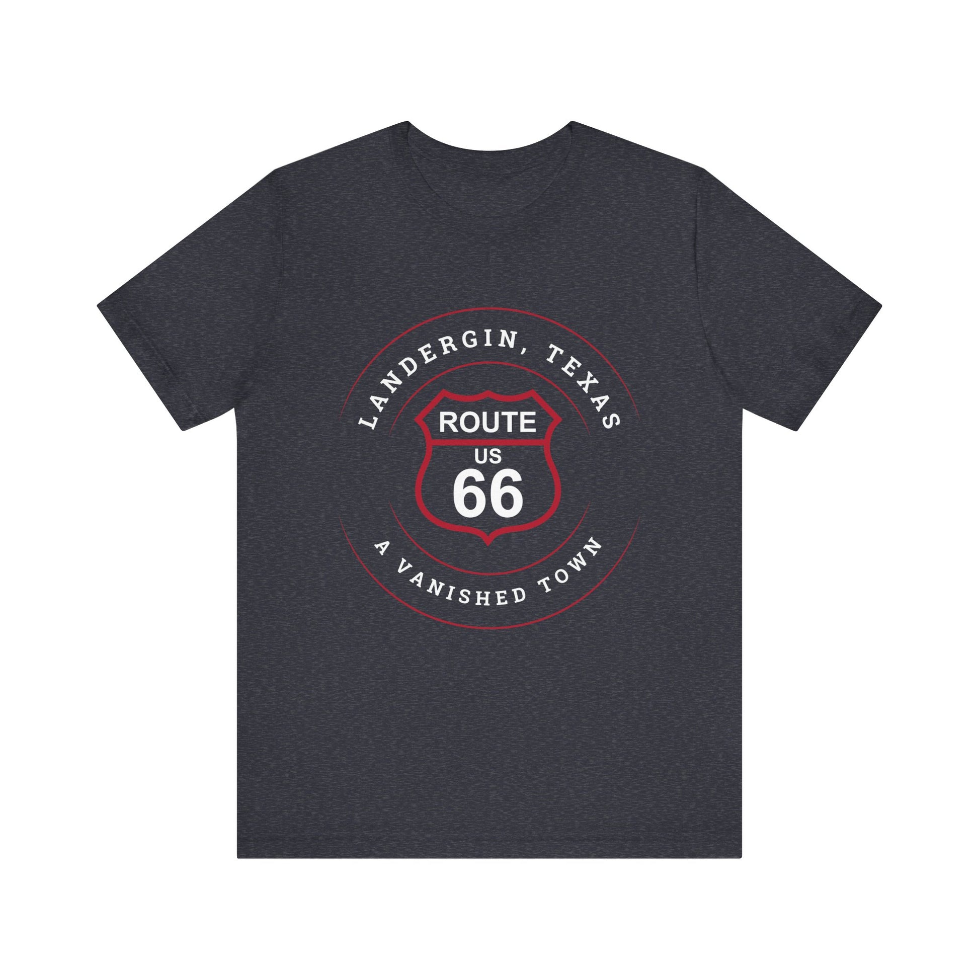 Heather navy retro Route 66 unisex jersey tee with Landergin, TX: A Vanished Town of Route 66 graphic