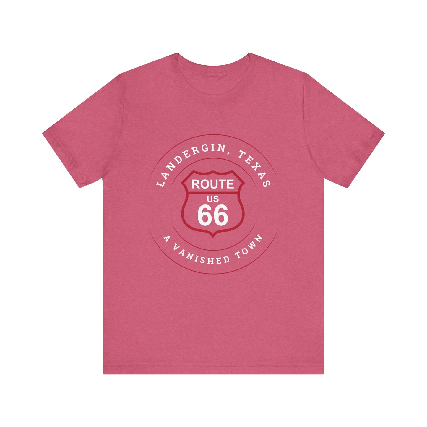 Heather raspberry retro Route 66 unisex jersey tee with Landergin, TX: A Vanished Town of Route 66 graphic