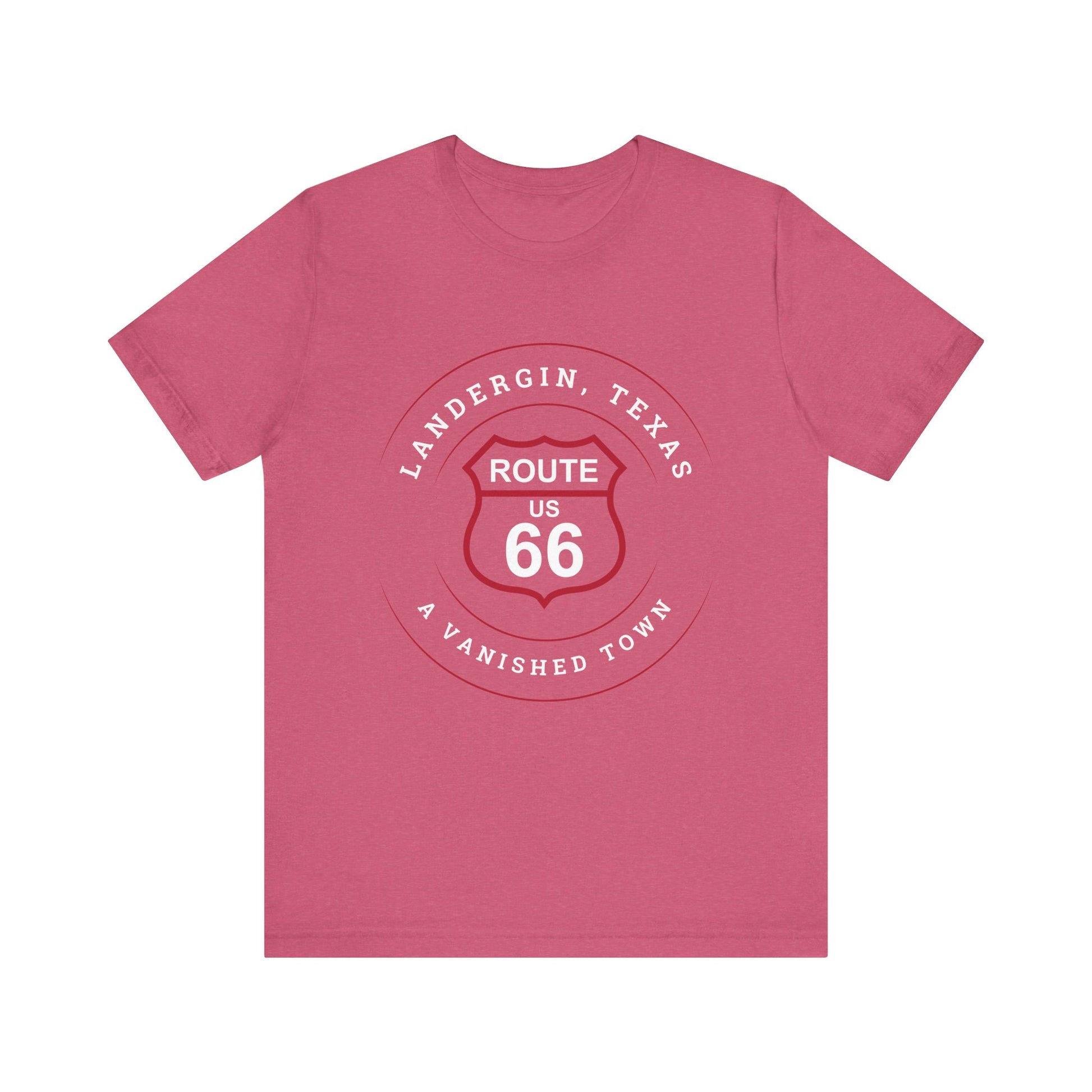 Heather raspberry retro Route 66 unisex jersey tee with Landergin, TX: A Vanished Town of Route 66 graphic