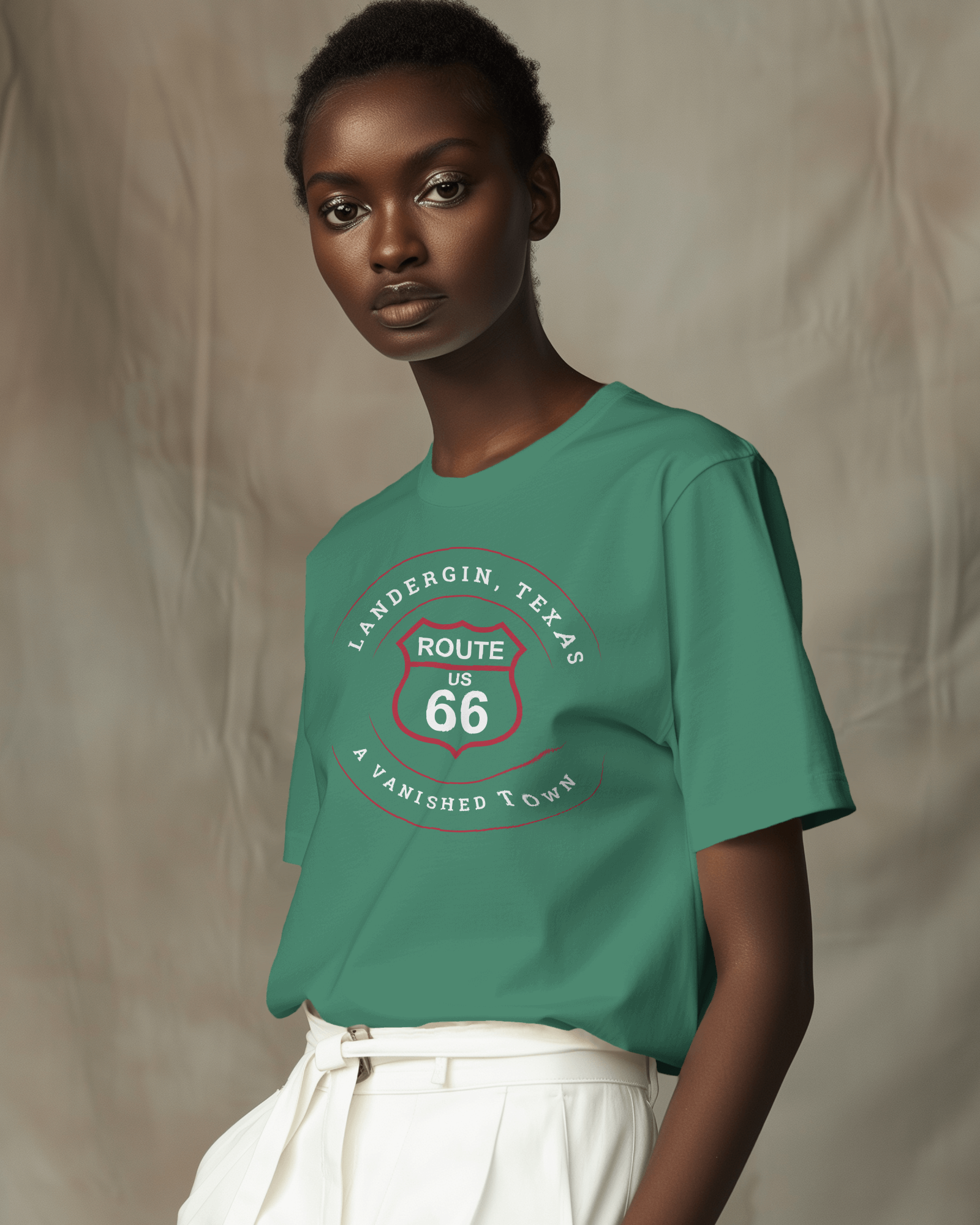 Female model wearing leaf retro Route 66 unisex jersey tee with Landergin, TX: A Vanished Town graphic