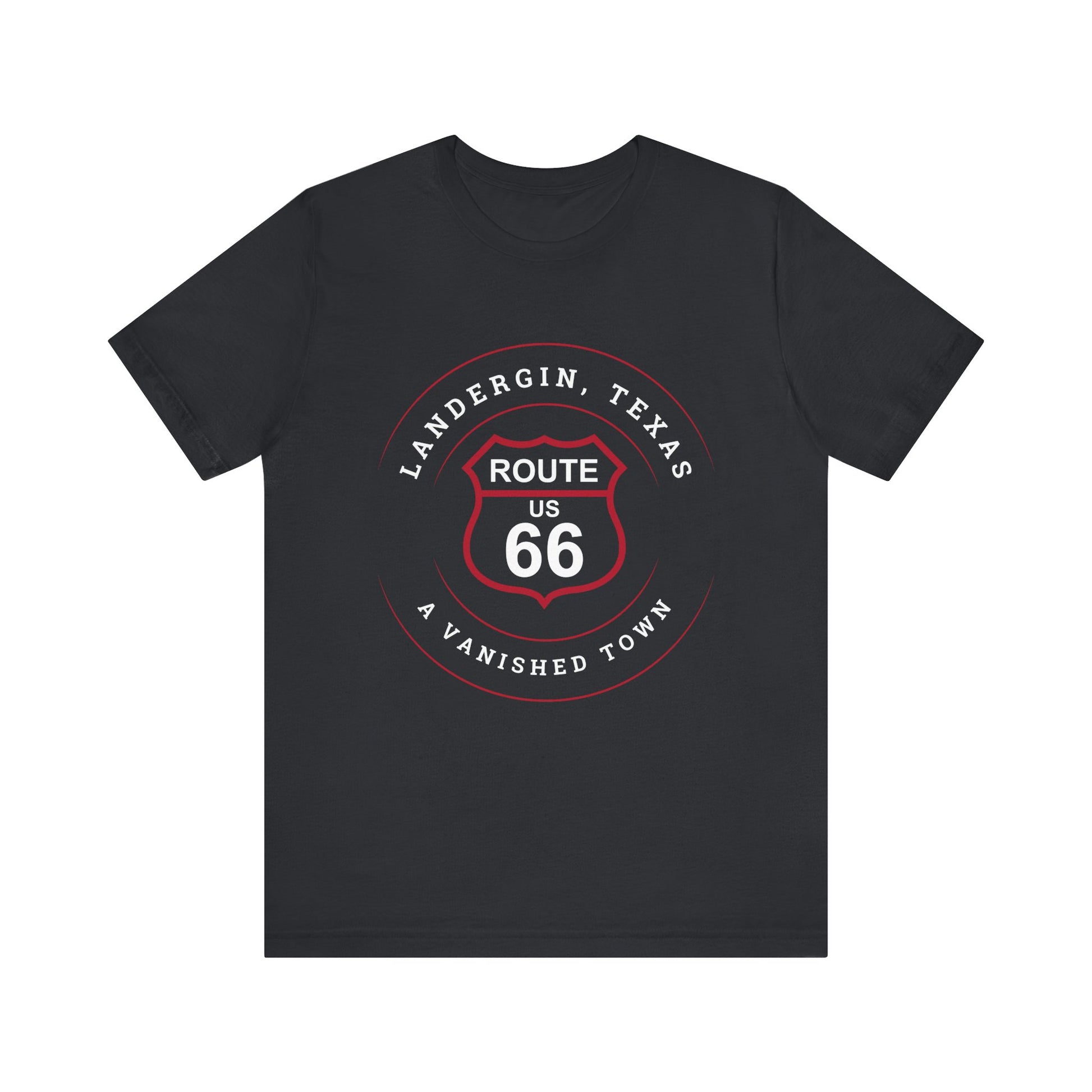 Vintage black retro Route 66 unisex jersey tee with Landergin, TX: A Vanished Town of Route 66 graphic