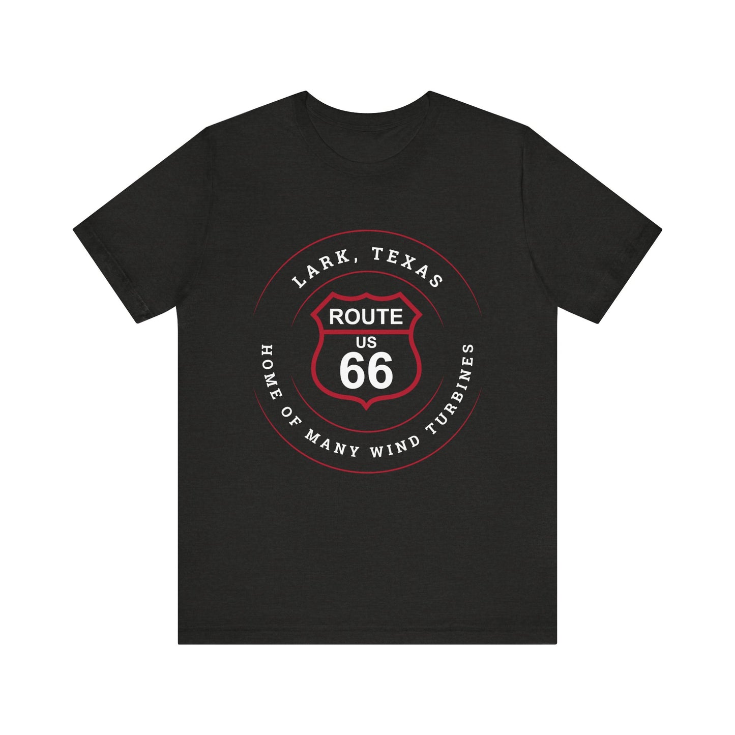 Black heather retro Route 66 unisex jersey tee with Lark, TX: Home of Many Wind Turbines graphic