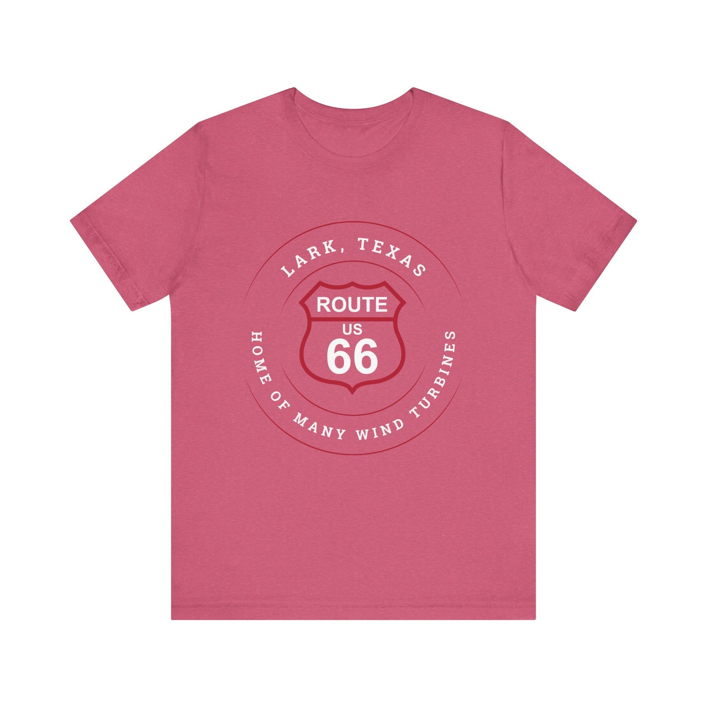 Heather raspberry retro Route 66 unisex jersey tee with Lark, TX: Home of Many Wind Turbines graphic