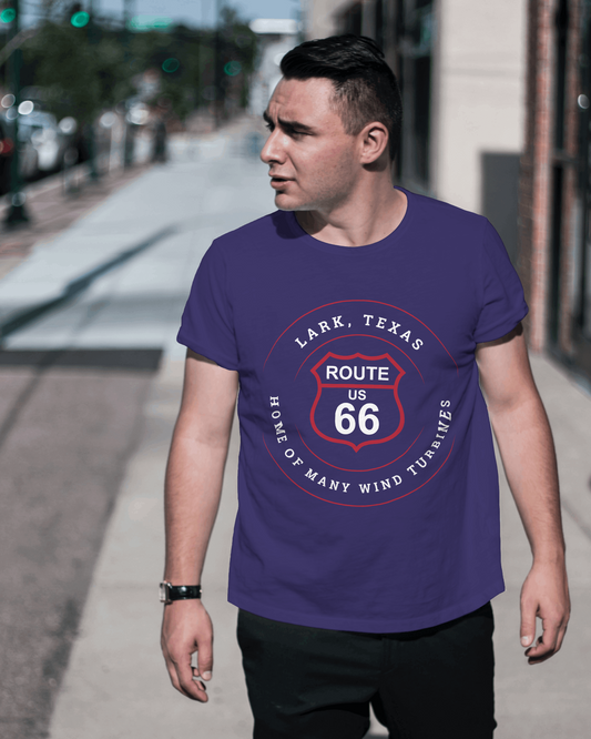 Male model wearing team navy retro Route 66 unisex jersey tee with Lark, TX: Home of Many Wind Turbines graphic