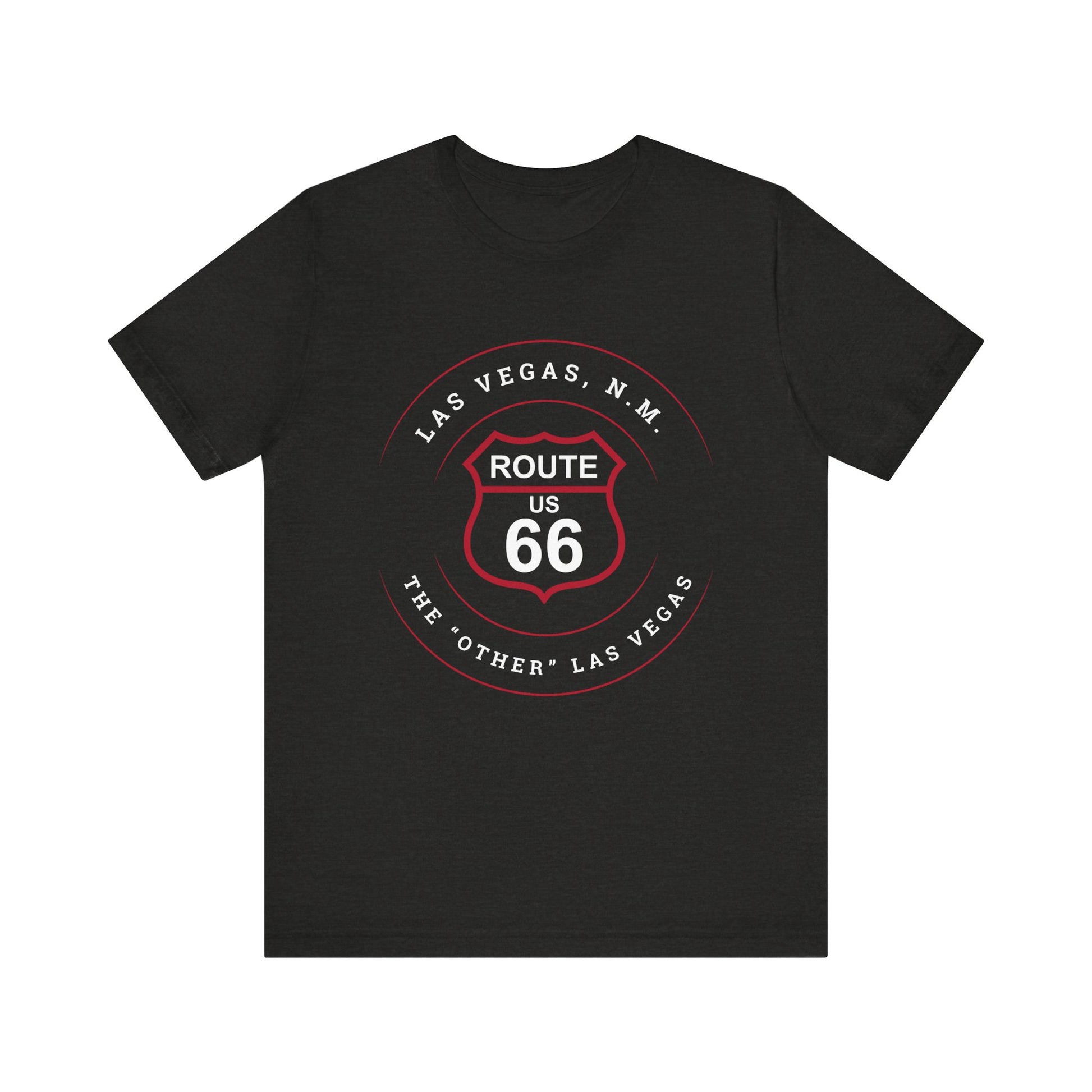 Black heather retro Route 66 unisex jersey tee with Las Vegas, NM: "The Other Las Vegas" design