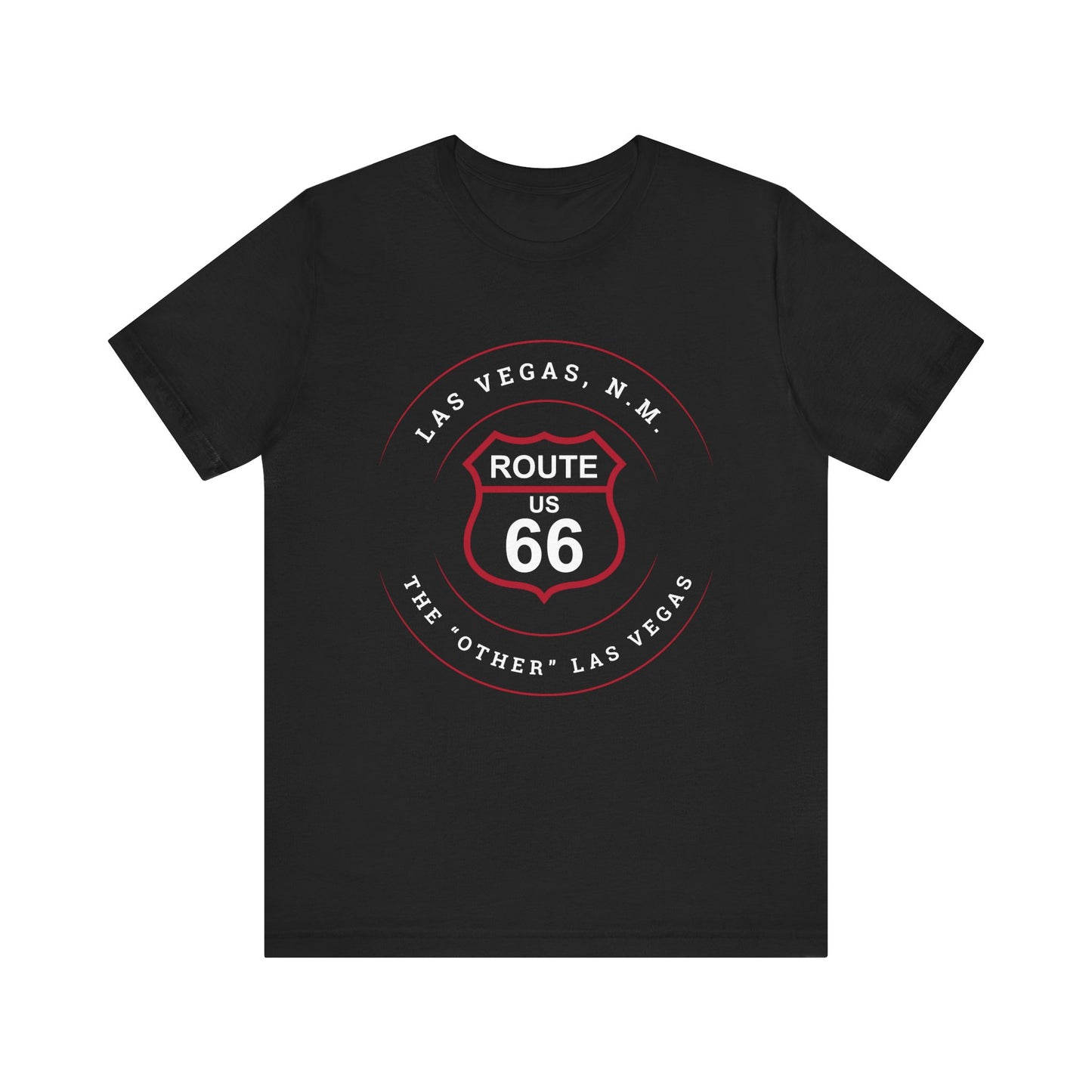 Black retro Route 66 unisex jersey tee with Las Vegas, NM: "The Other Las Vegas" design