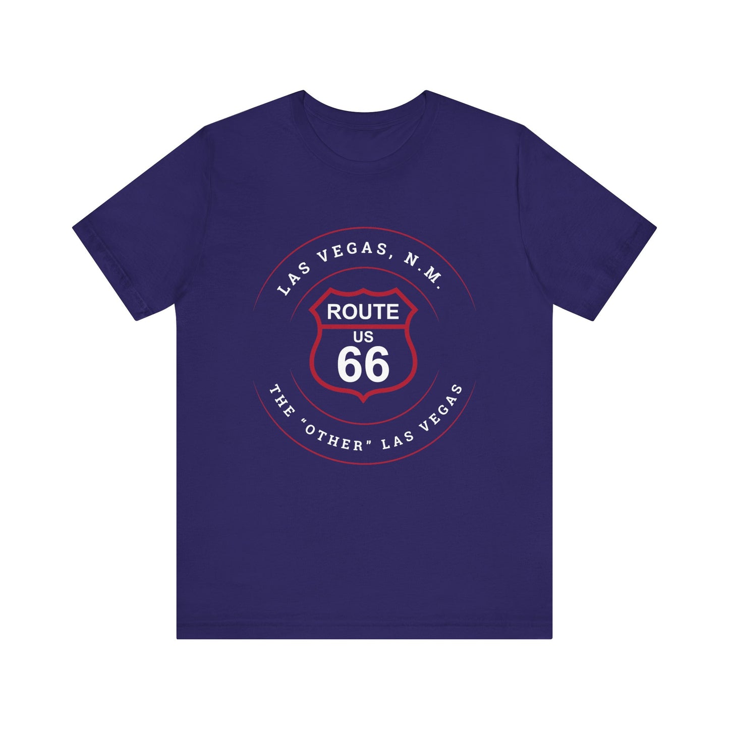 Team navy retro Route 66 unisex jersey tee with Las Vegas, NM: "The Other Las Vegas" design