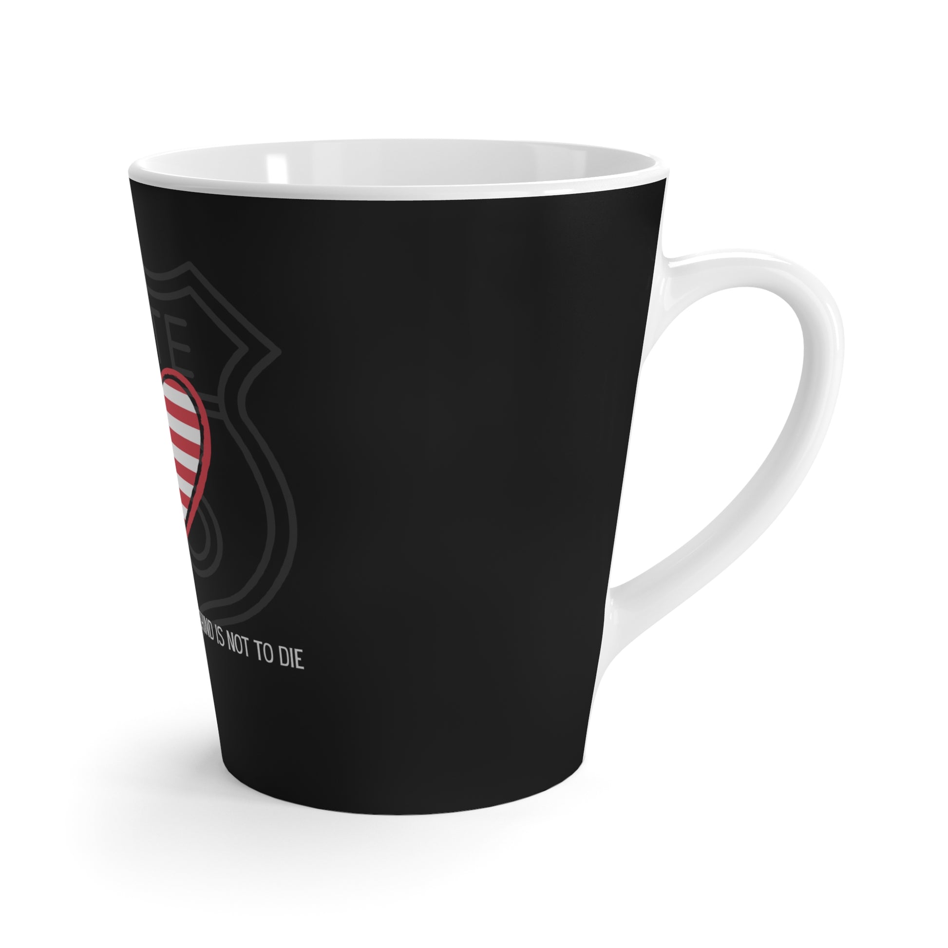 Right side view of black Route 66 latte mug with a heart-shaped US flag, a Route 66 shield and a Thomas Campbell quote.