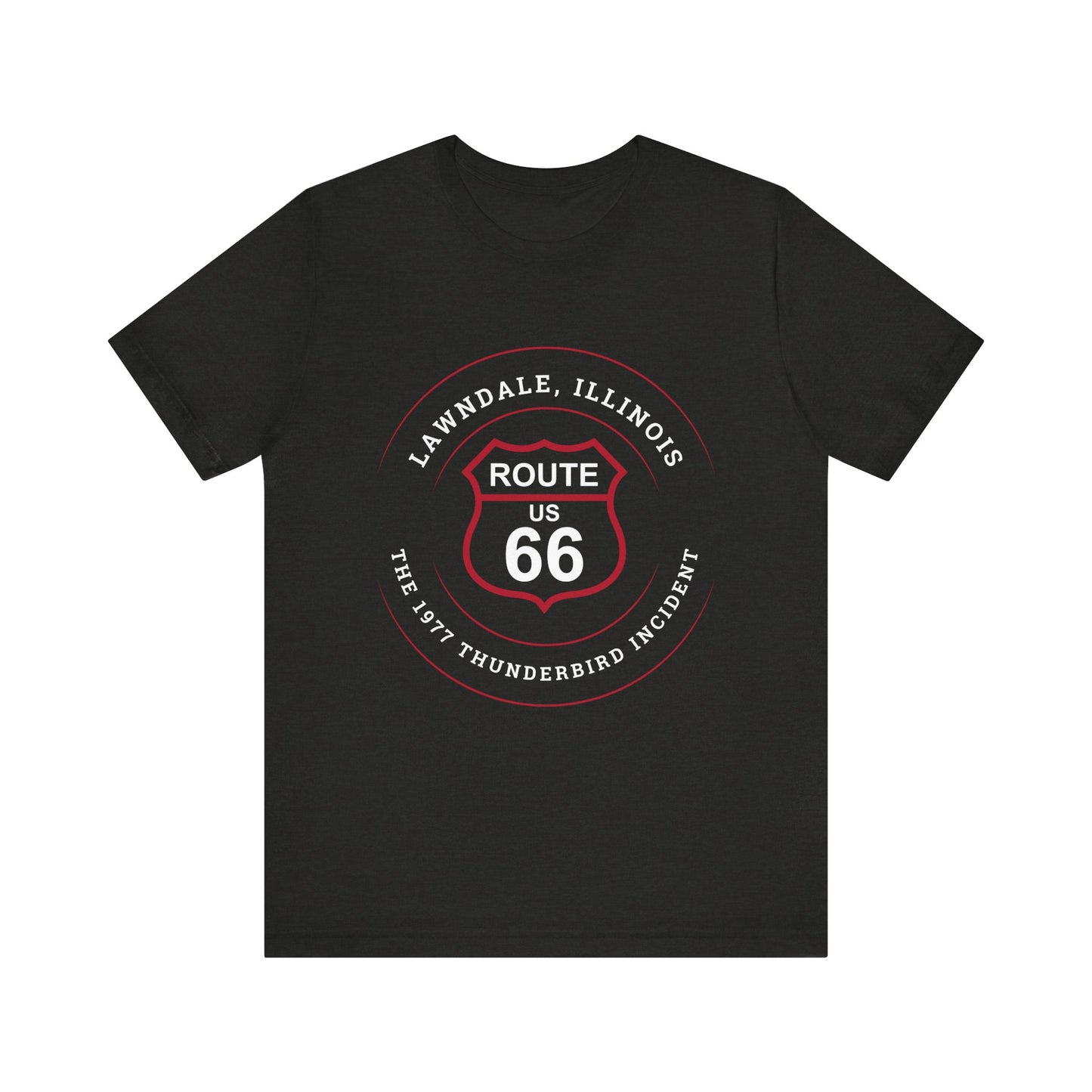 Black heather Route 66 unisex jersey tee with Lawndale, IL: "The 1977 Thunderbird Incident" design