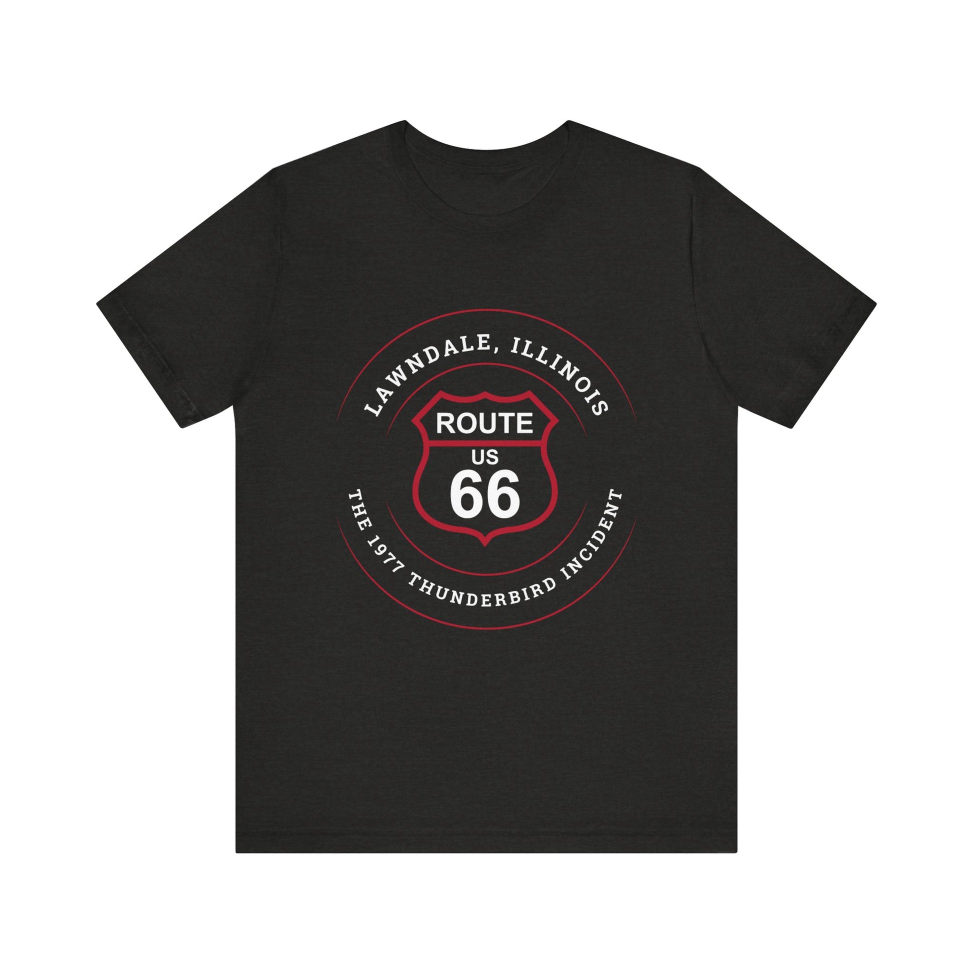 Black heather Route 66 unisex jersey tee with Lawndale, IL: "The 1977 Thunderbird Incident" design