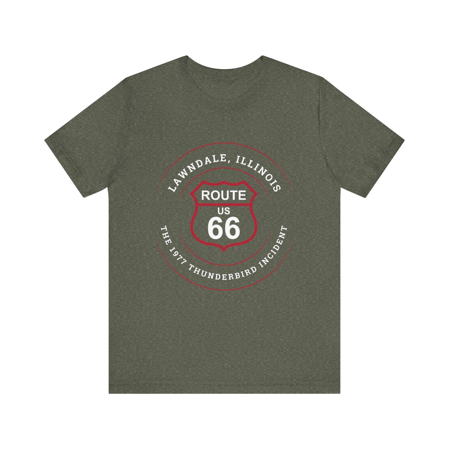 Heather military green Route 66 unisex jersey tee with Lawndale, IL: "The 1977 Thunderbird Incident" design