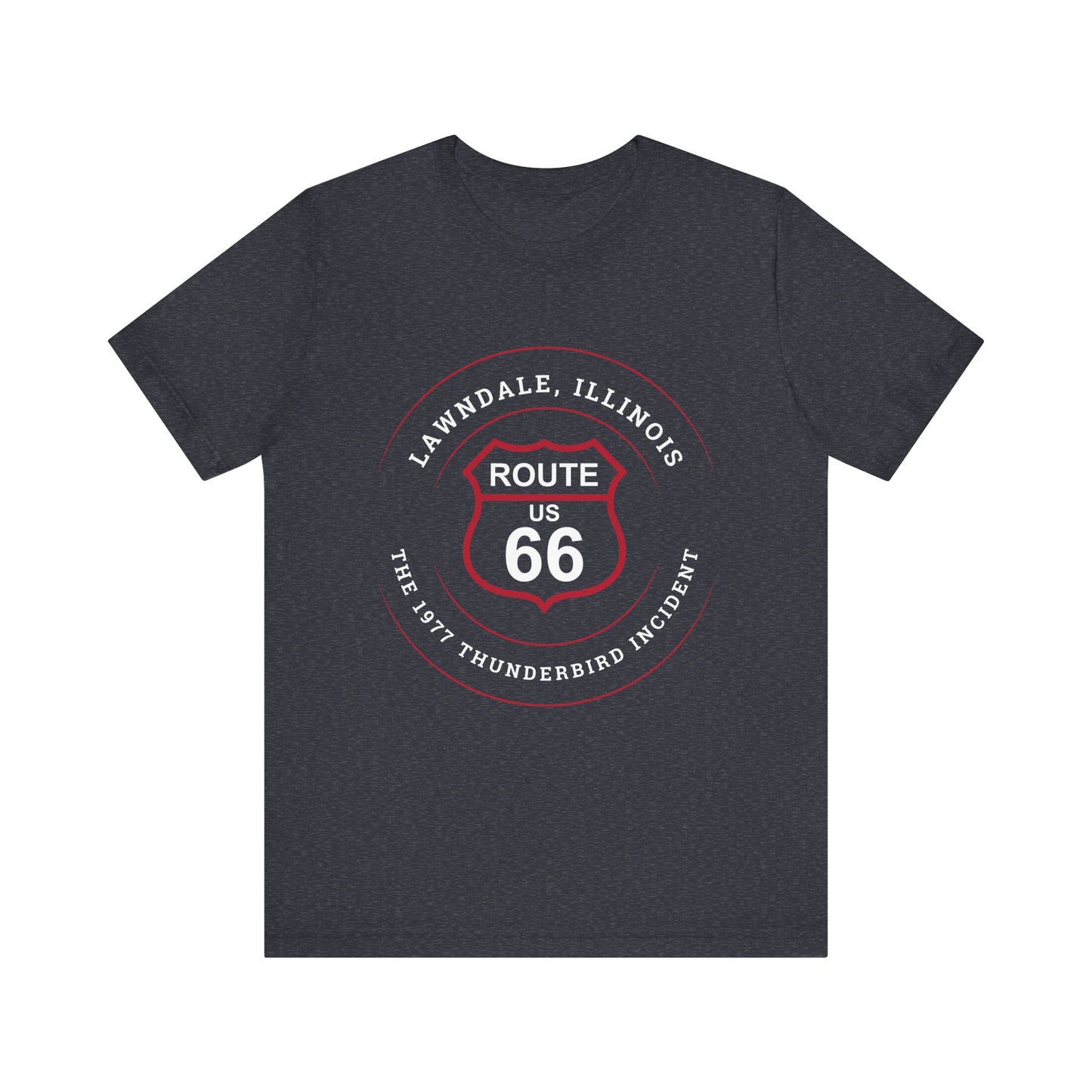 Heather navy Route 66 unisex jersey tee with Lawndale, IL: "The 1977 Thunderbird Incident" design
