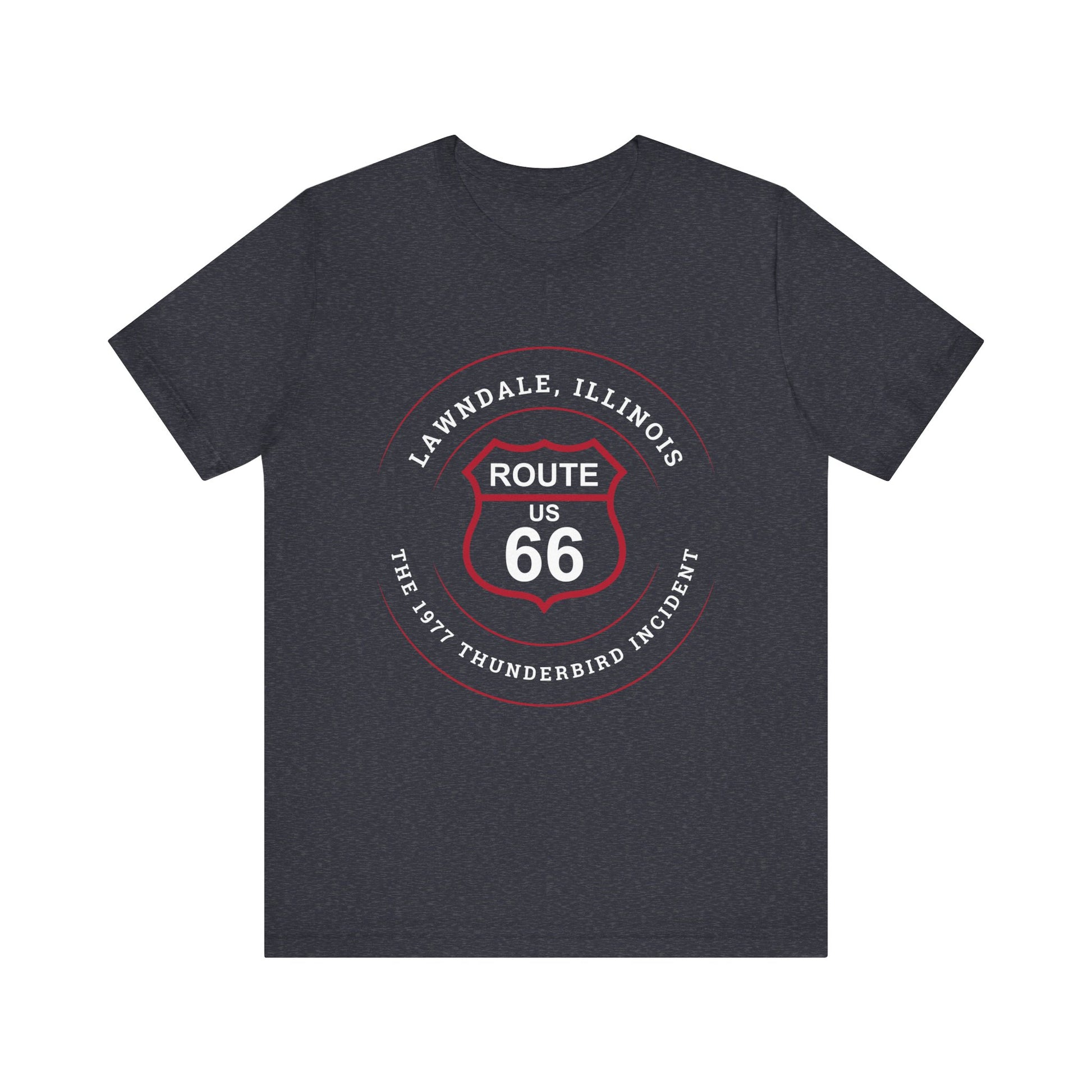 Heather navy Route 66 unisex jersey tee with Lawndale, IL: "The 1977 Thunderbird Incident" design