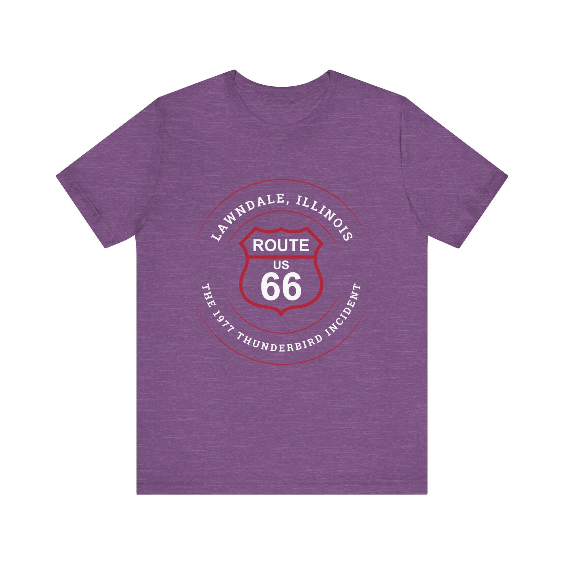 Heather team purple Route 66 unisex jersey tee with Lawndale, IL: "The 1977 Thunderbird Incident" design