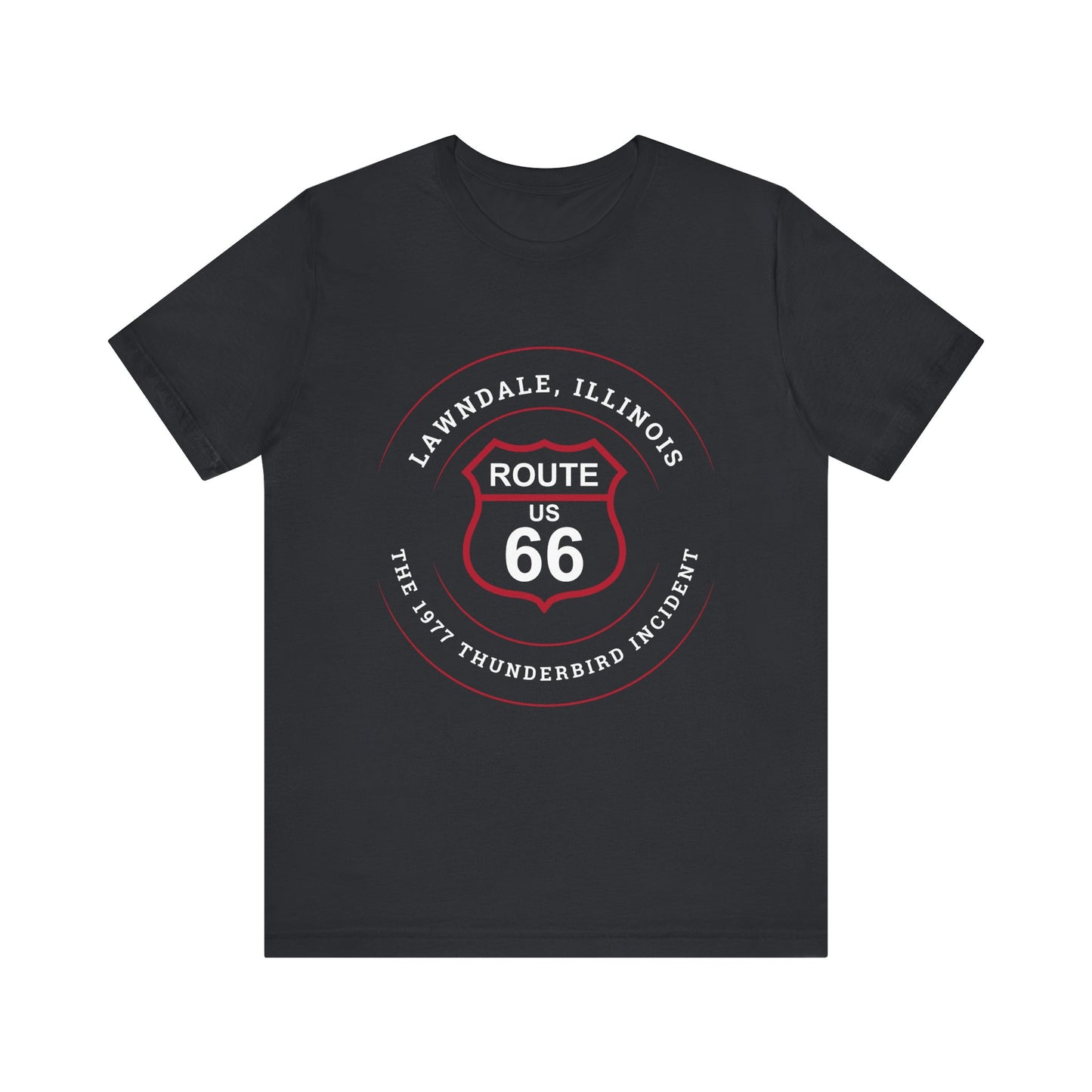 Vintage black Route 66 unisex jersey tee with Lawndale, IL: "The 1977 Thunderbird Incident" design