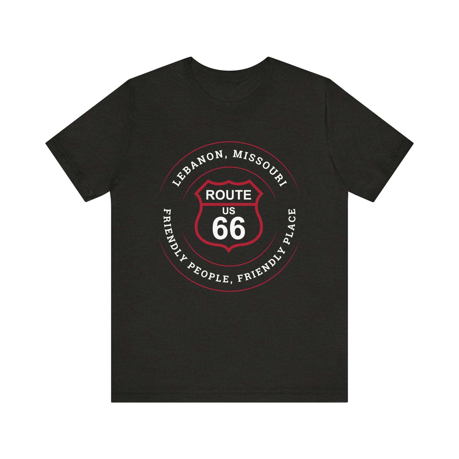 Black heather retro Route 66 unisex jersey tee with Lebanon, MO "Friendly People, Friendly Place" design