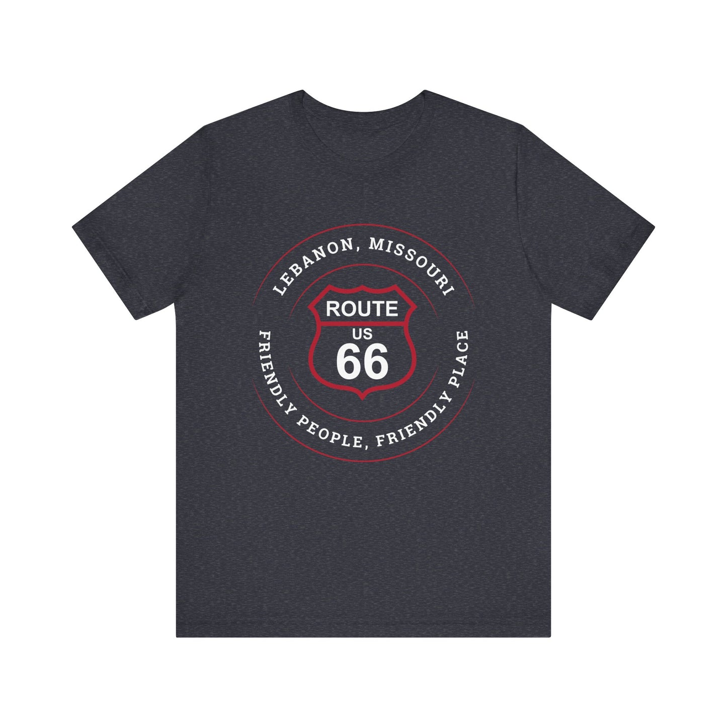 Heather navy retro Route 66 unisex jersey tee with Lebanon, MO "Friendly People, Friendly Place" design