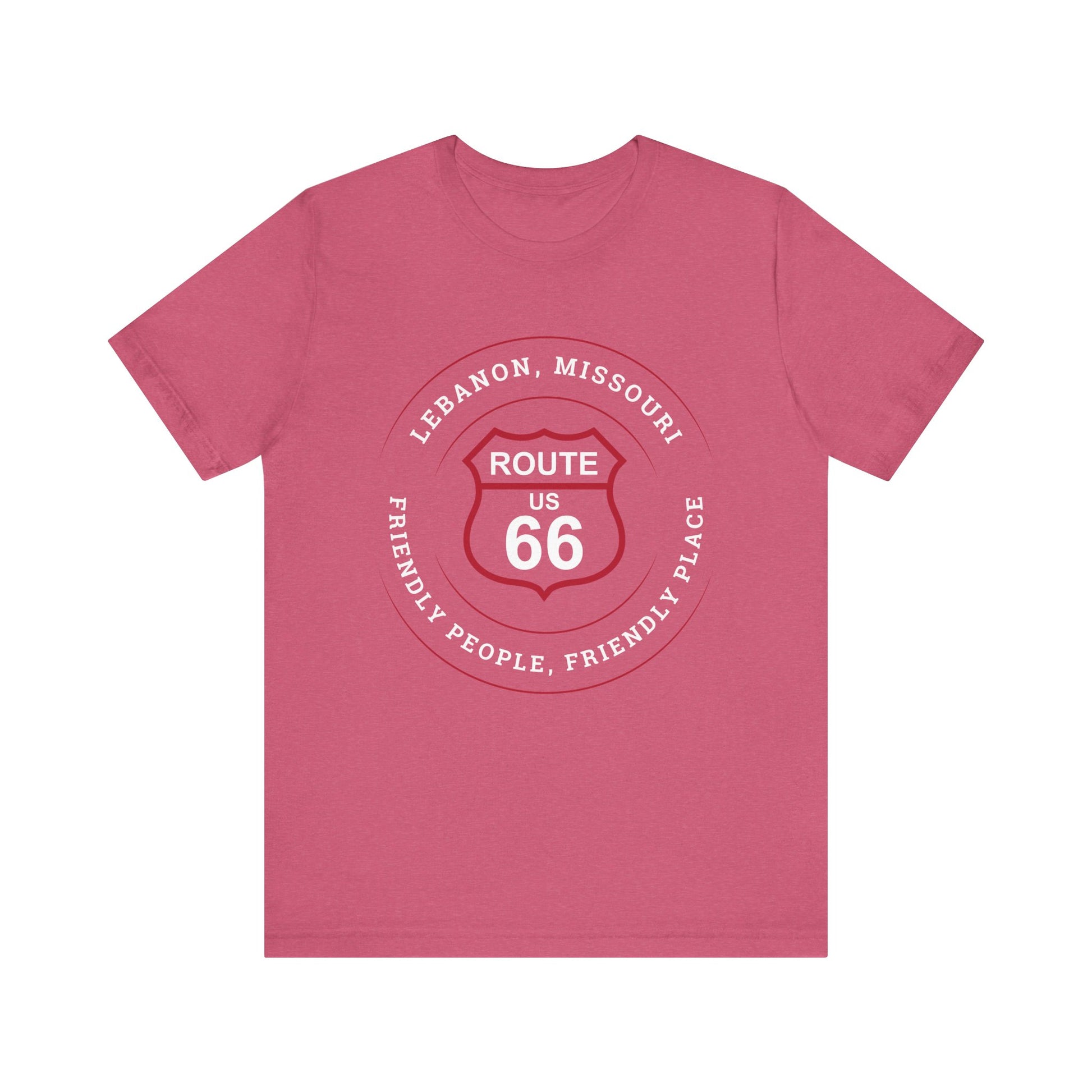 Heather raspberry retro Route 66 unisex jersey tee with Lebanon, MO "Friendly People, Friendly Place" design