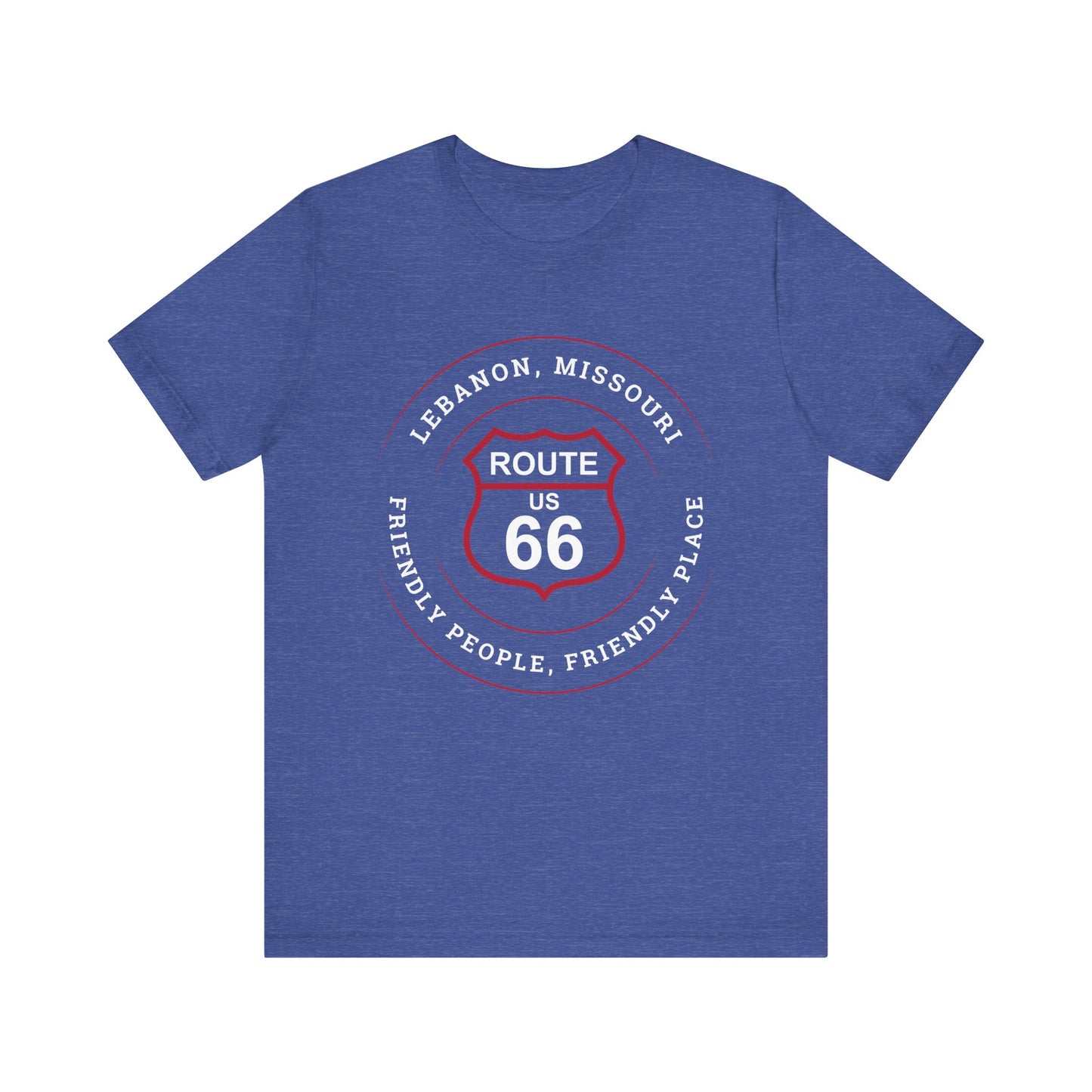 Heather true royal retro Route 66 unisex jersey tee with Lebanon, MO "Friendly People, Friendly Place" design
