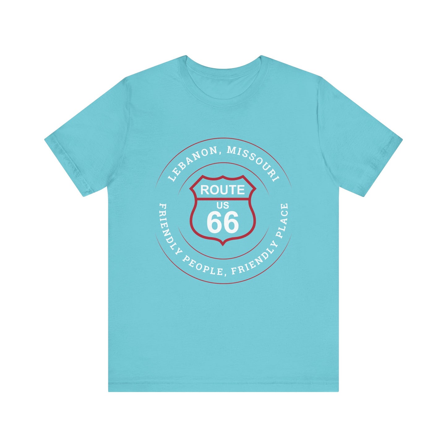 Turquoise retro Route 66 unisex jersey tee with Lebanon, MO "Friendly People, Friendly Place" design