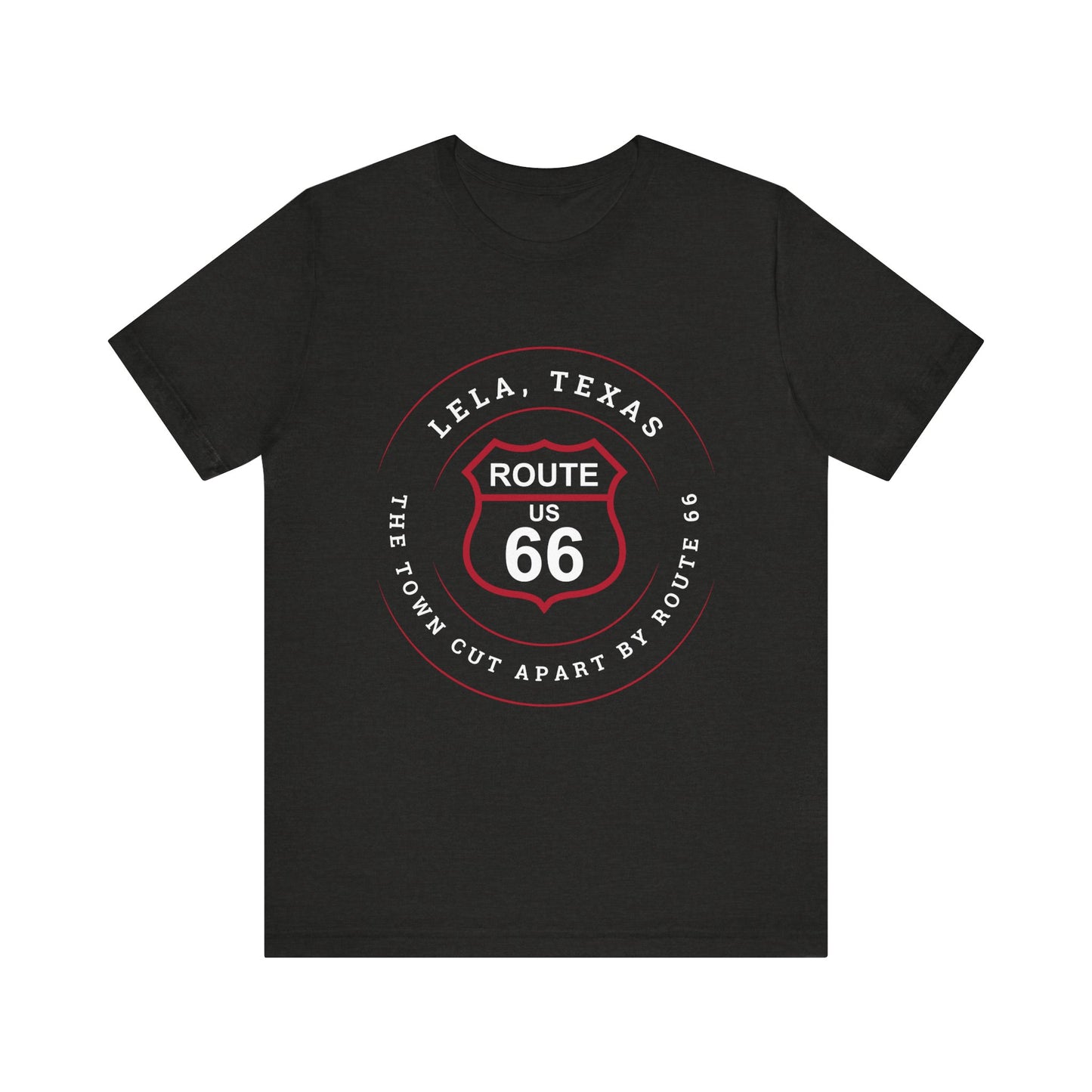 Black heather retro Route 66 unisex jersey tee with Lela, TX: "The Town Cut Apart by Route 66" design