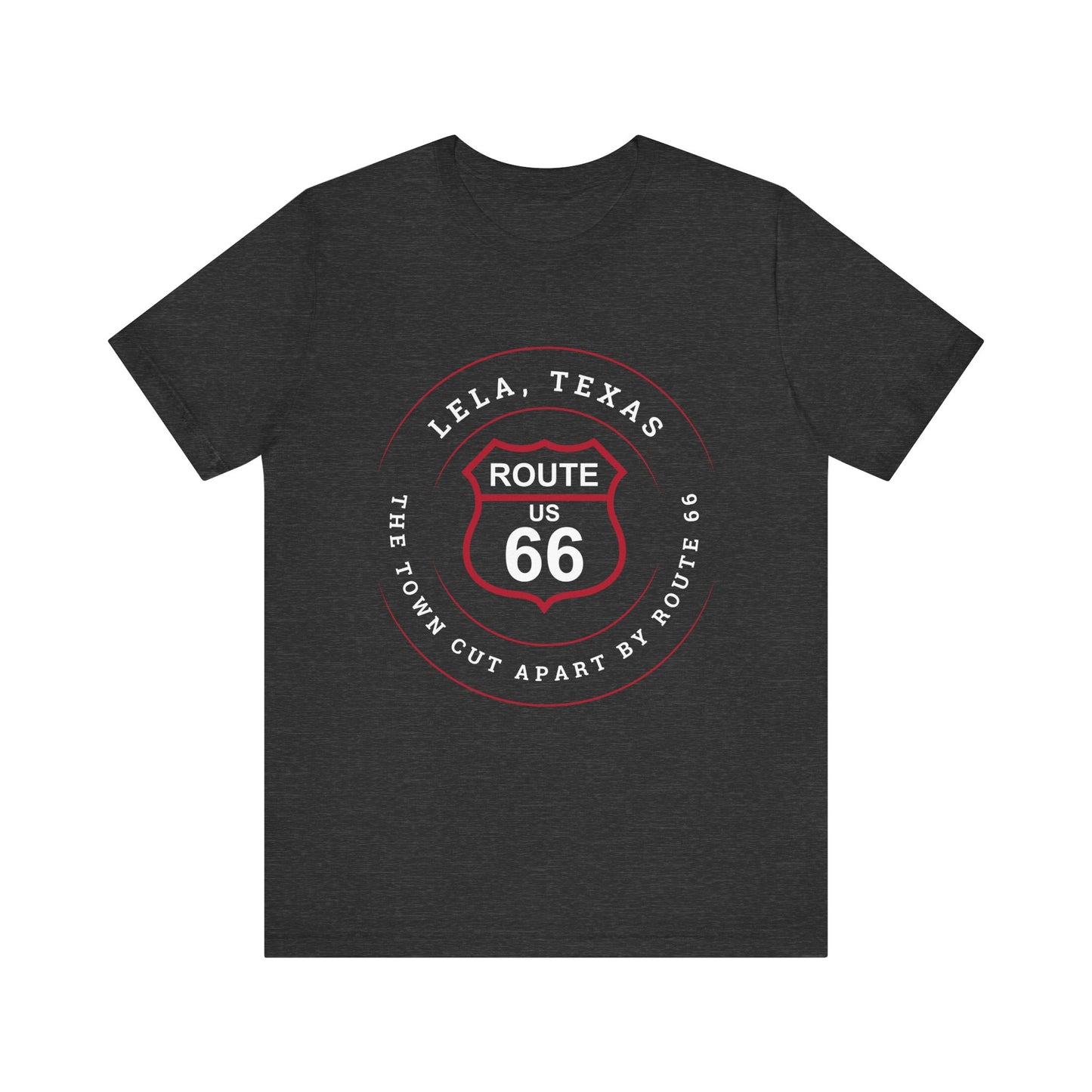 Dark grey heather retro Route 66 unisex jersey tee with Lela, TX: "The Town Cut Apart by Route 66" design