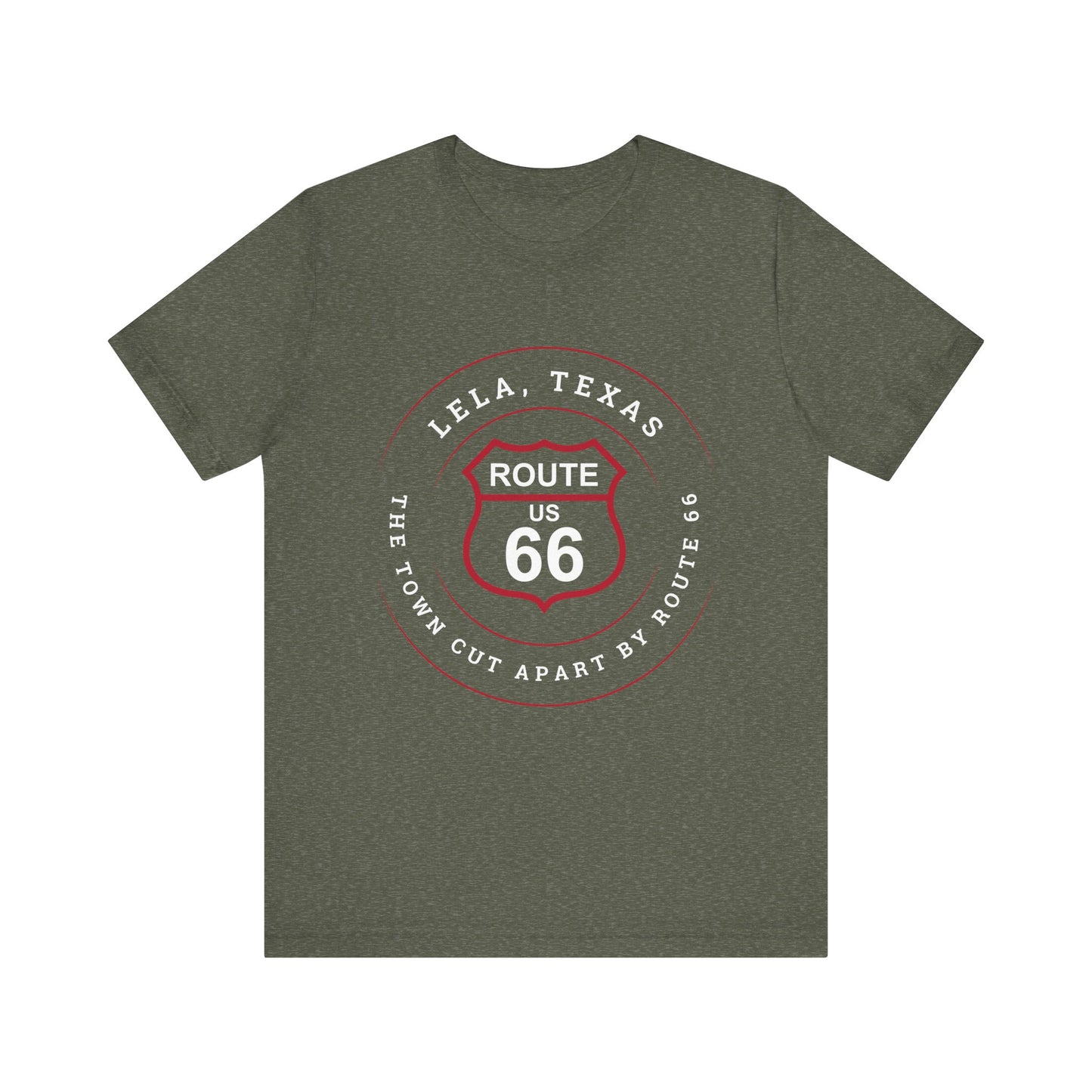 Heather military green retro Route 66 unisex jersey tee with Lela, TX: "The Town Cut Apart by Route 66" design