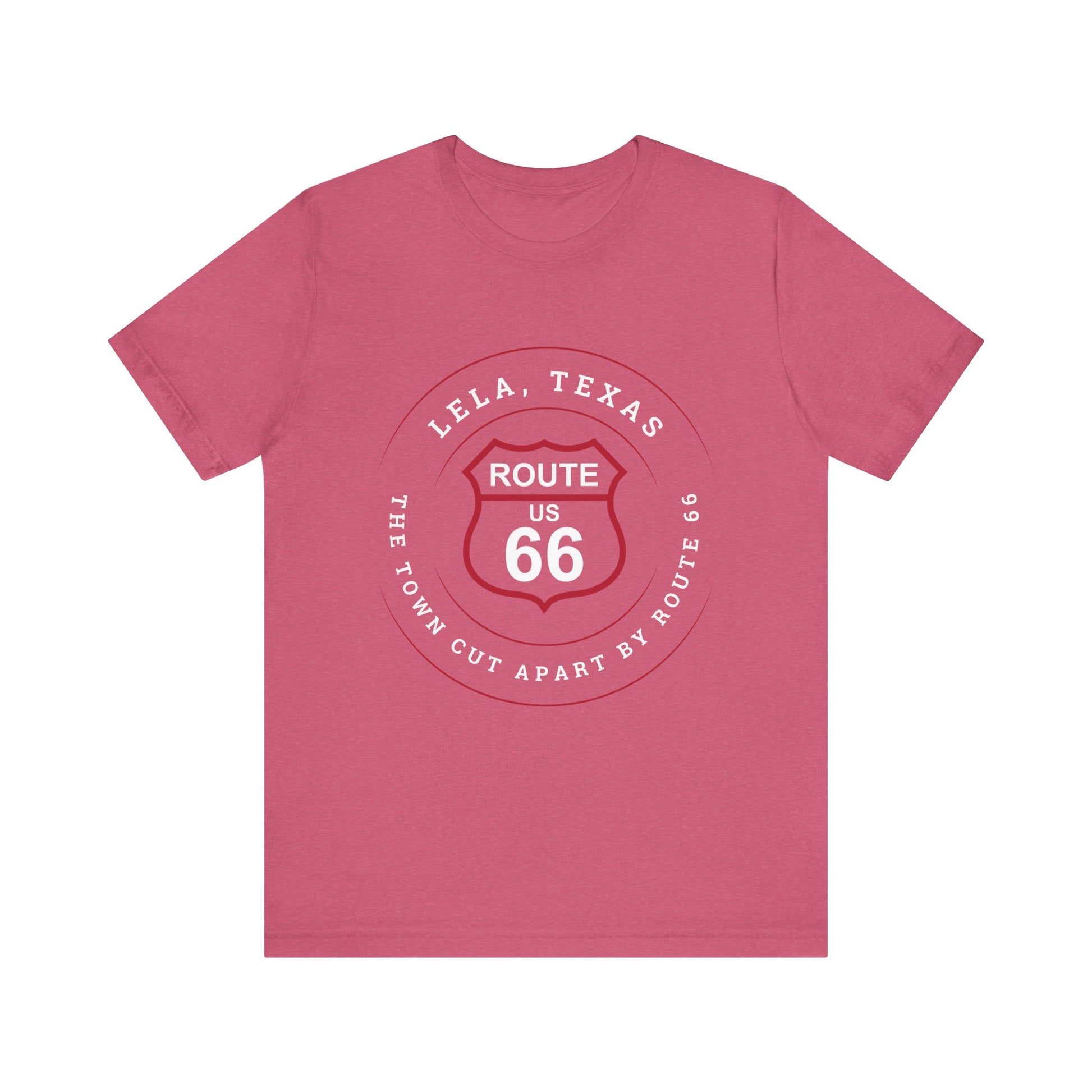 Heather raspberry retro Route 66 unisex jersey tee with Lela, TX: "The Town Cut Apart by Route 66" design