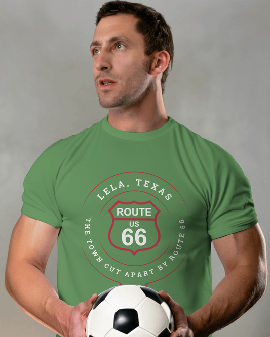 Male model wearing leaf retro Route 66 unisex jersey tee with Lela, TX: "The Town Cut Apart by Route 66" design