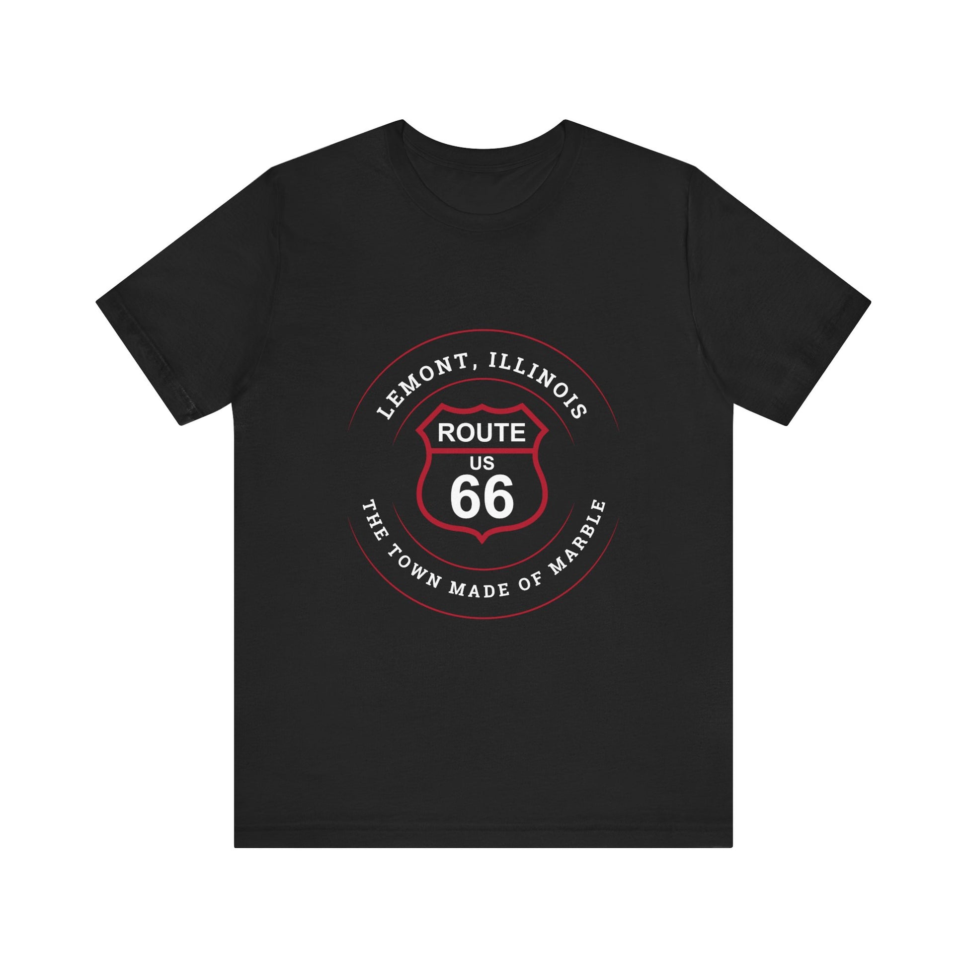 Black retro Route 66 unisex jersey tee with Lemont, IL: "Town Made of Marble" design
