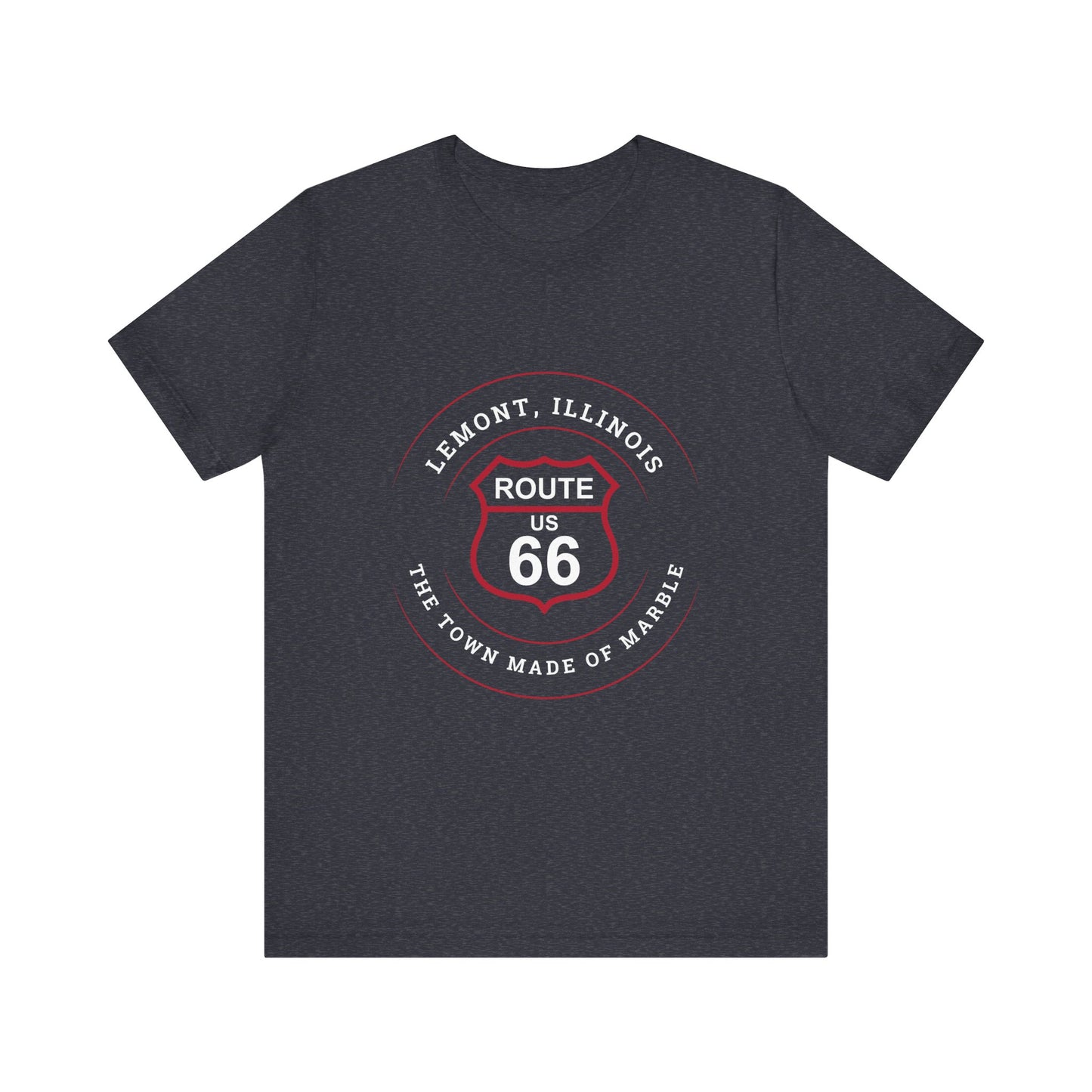 Heather navy retro Route 66 unisex jersey tee with Lemont, IL: "Town Made of Marble" design