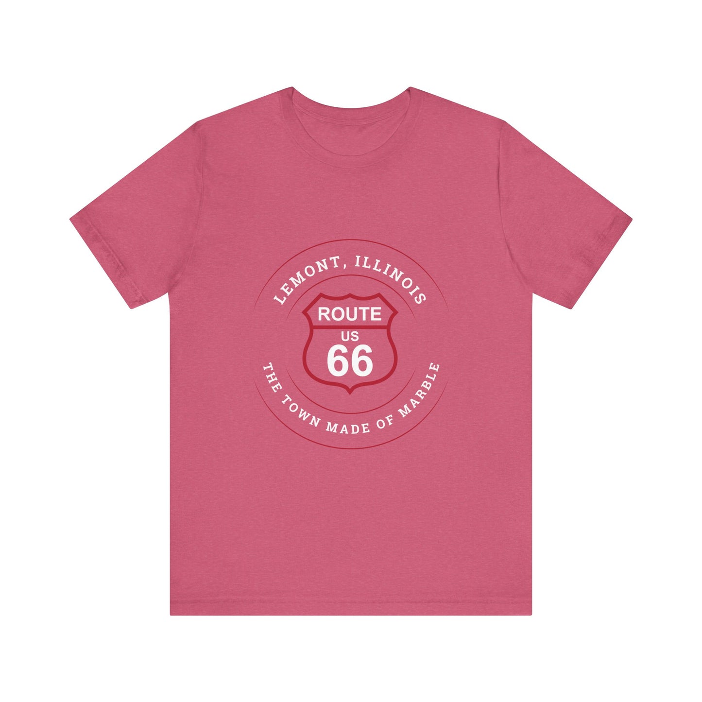 Heather raspberry retro Route 66 unisex jersey tee with Lemont, IL: "Town Made of Marble" design