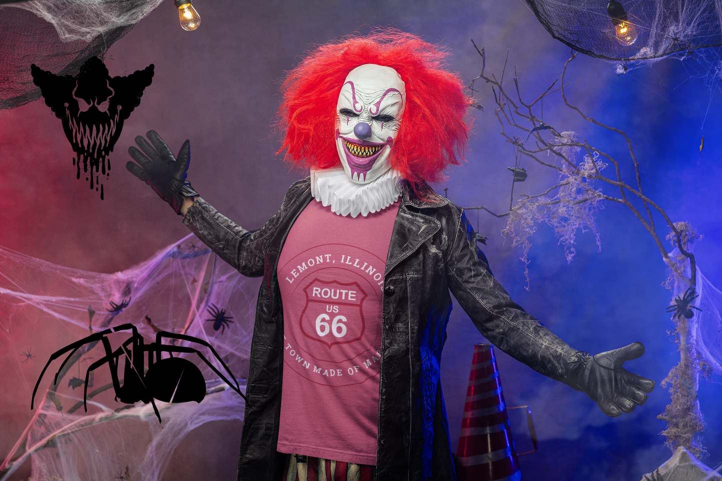 A male model with a clown face is wearing a heather raspberry retro Route 66 unisex jersey tee with a Lemont, IL: "Town Made of Marble" design