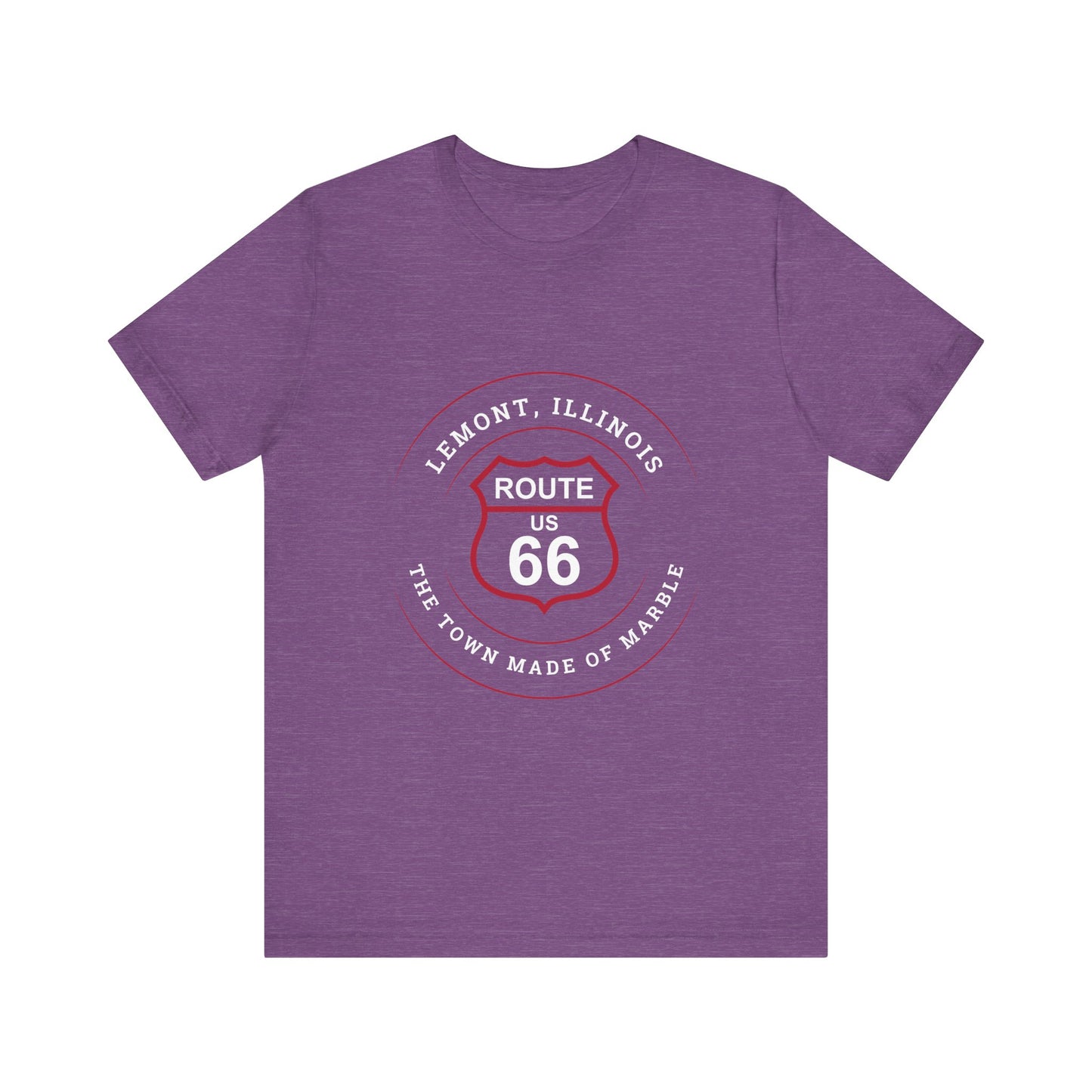 Heather team purple retro Route 66 unisex jersey tee with Lemont, IL: "Town Made of Marble" design