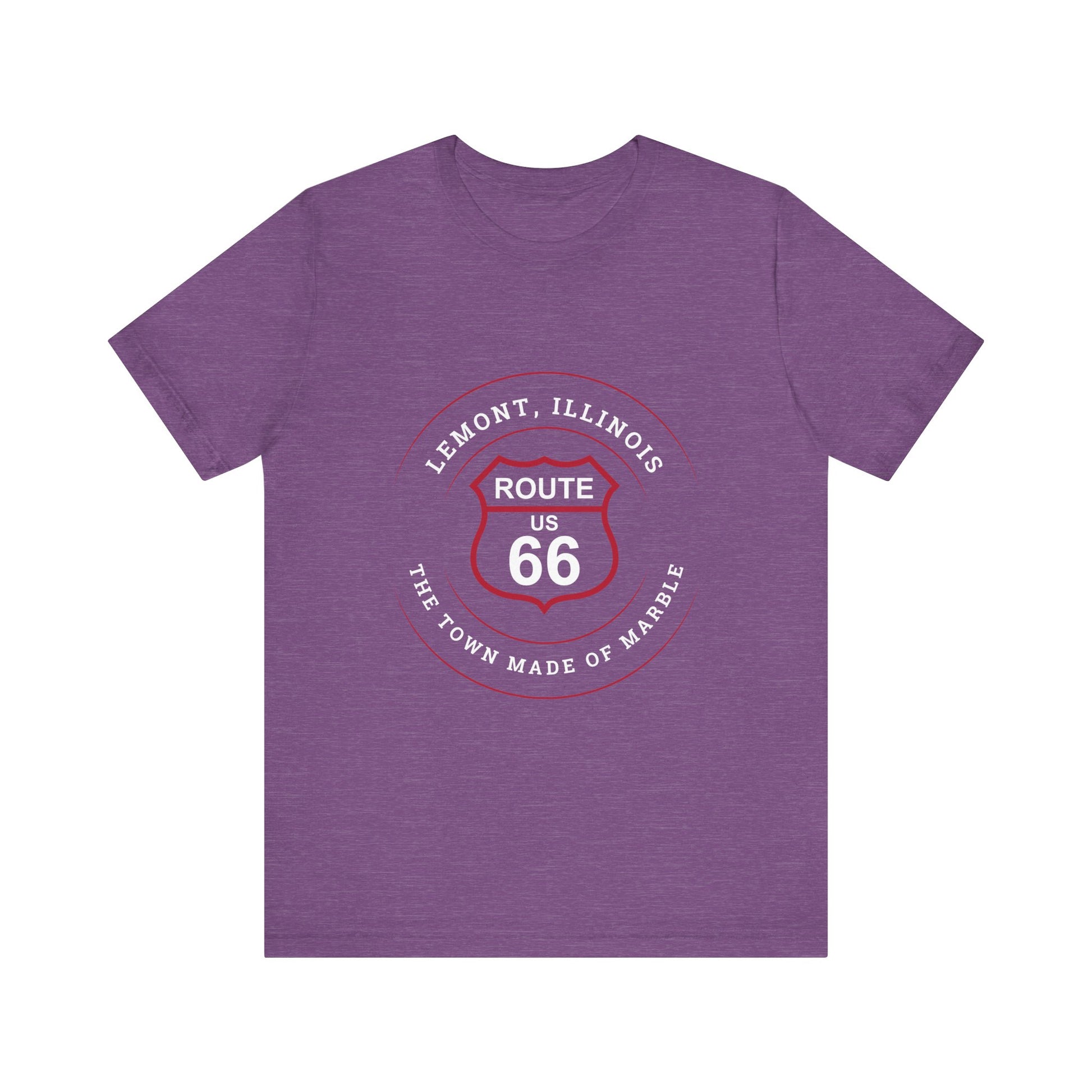 Heather team purple retro Route 66 unisex jersey tee with Lemont, IL: "Town Made of Marble" design
