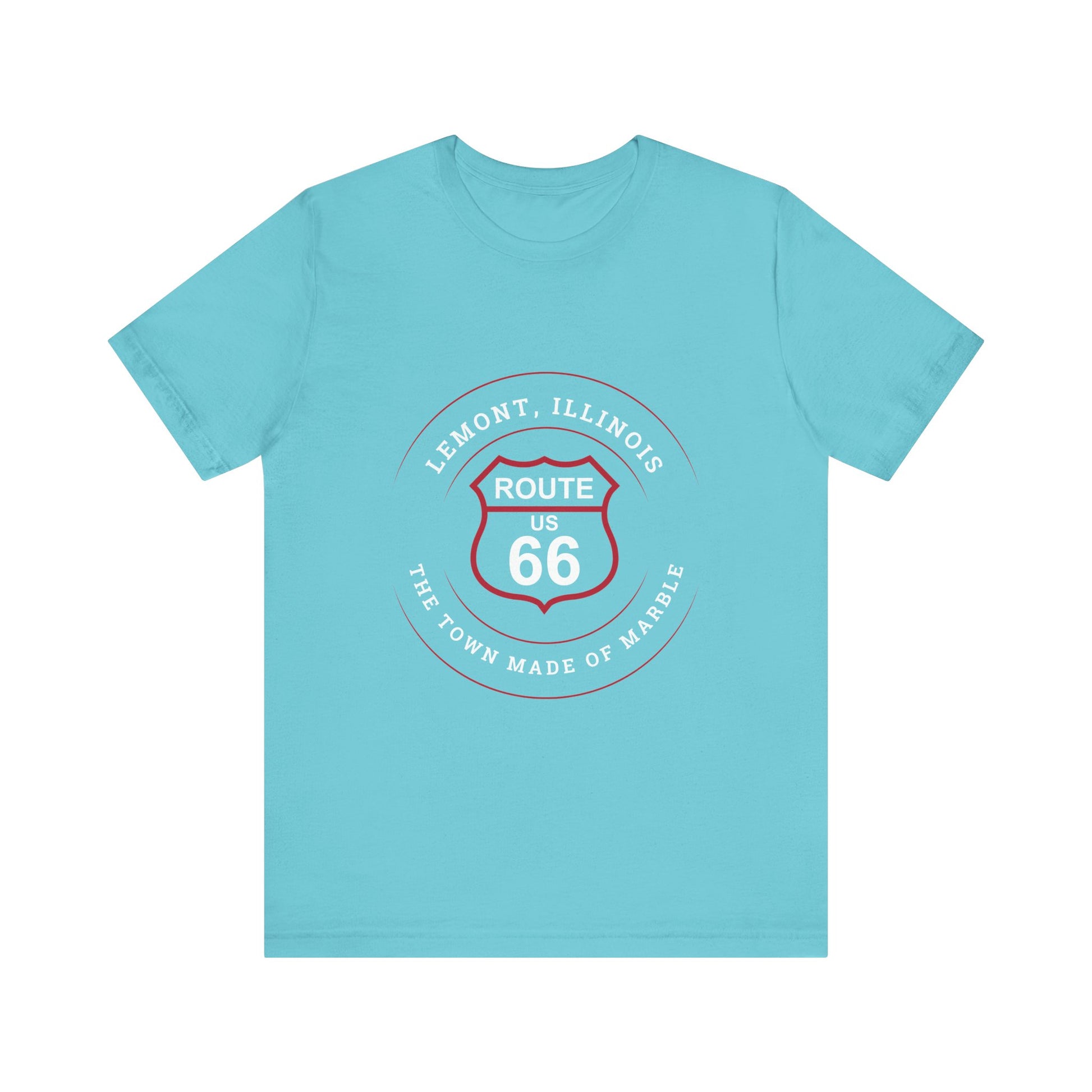 Turquoise retro Route 66 unisex jersey tee with Lemont, IL: "Town Made of Marble" design
