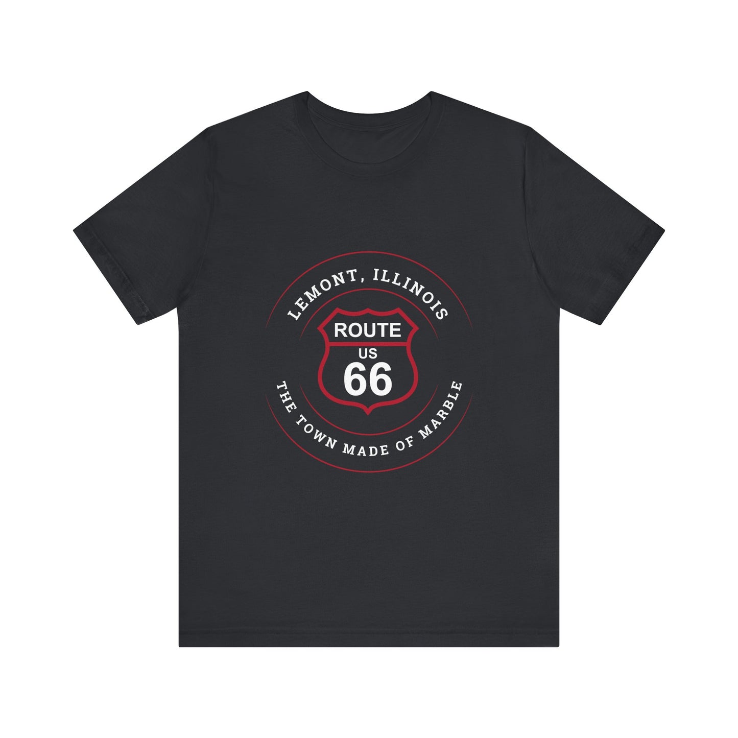 Vintage black retro Route 66 unisex jersey tee with Lemont, IL: "Town Made of Marble" design