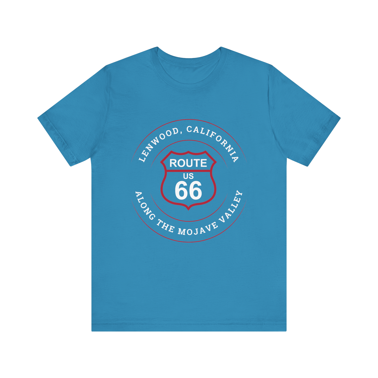 Aqua retro Route 66 unisex jersey tee with Lenwood, CA: "Along the Mojave Valley" design