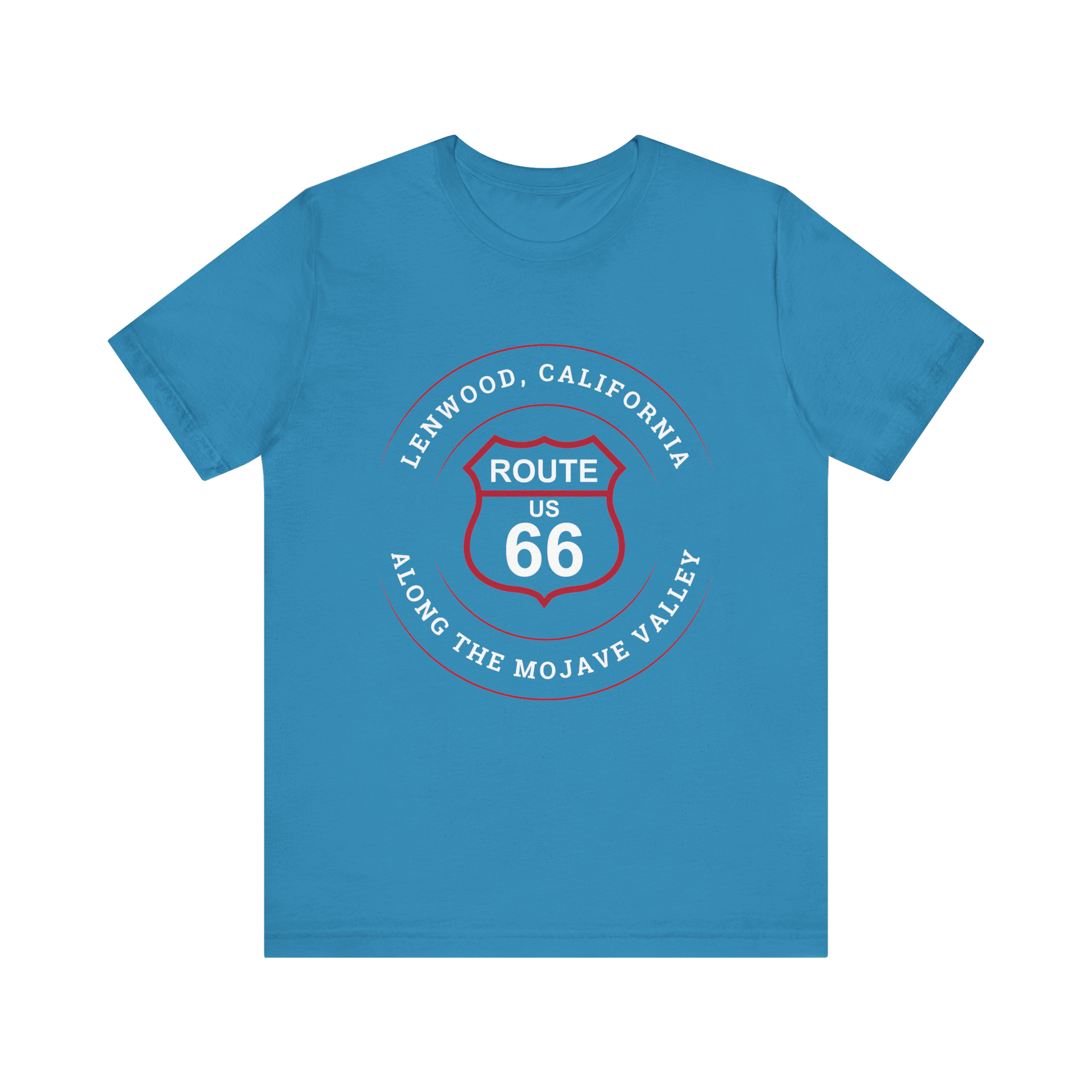 Aqua retro Route 66 unisex jersey tee with Lenwood, CA: "Along the Mojave Valley" design